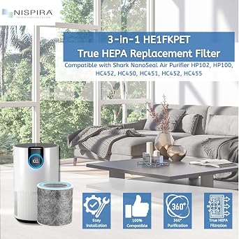 Nispira HC452 HP102 Replacement Filter For Shark NanoSeal Air Purifier HP102PET, HP100, HP105 HC450, HC451, HC455, UA455 3-in-1 True HEPA Activated Carbon Part HE1FKPET, 3 Packs