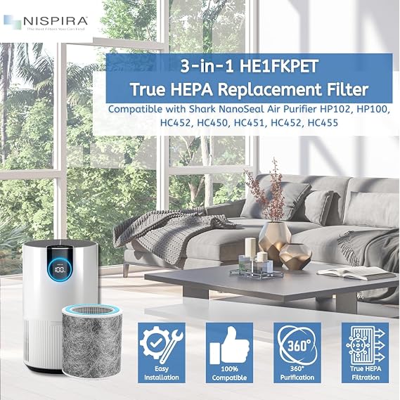 Nispira HC452 HP102 Replacement Filter For Shark NanoSeal Air Purifier HP102PET, HP100, HP105 HC450, HC451, HC455, UA455 3-in-1 True HEPA Activated Carbon Part HE1FKPET, 3 Packs