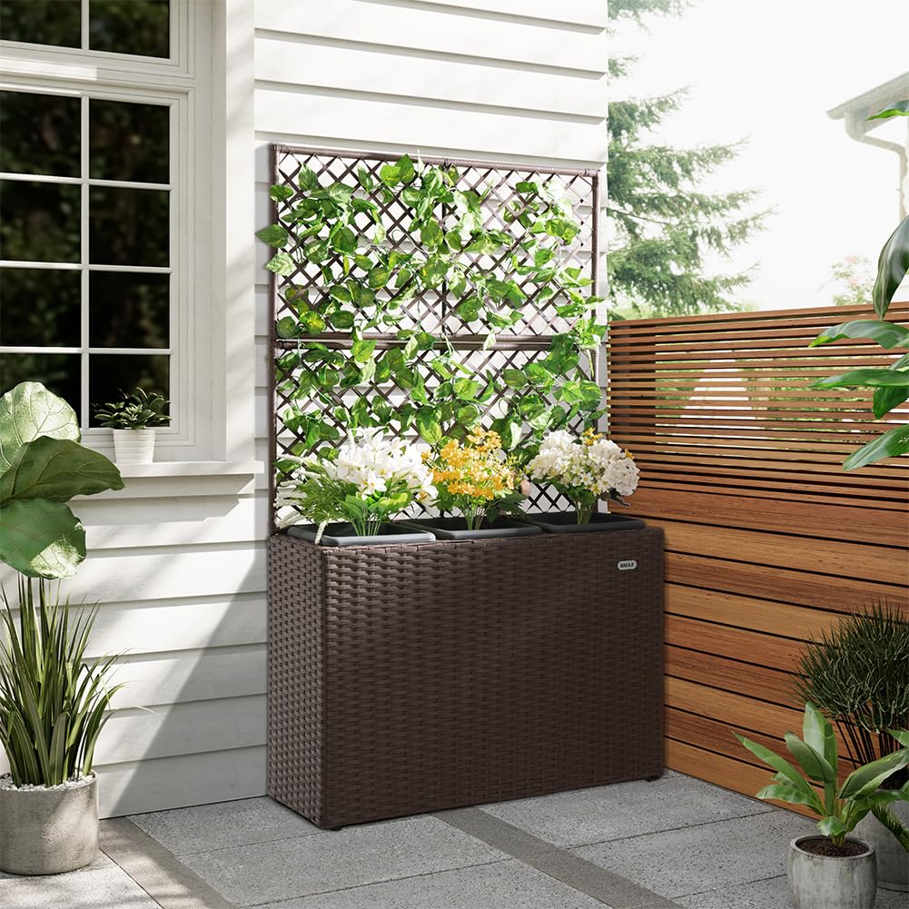 BAKAJI Fioriera da esterno con spalliera in polyrattan, 3 Vasi Removibili Contenitori per Piante, Traliccio da Esterno con grigliato ideale x Giardino, Balcone, Terrazzo, Pianta Rampicante (Marrone)
