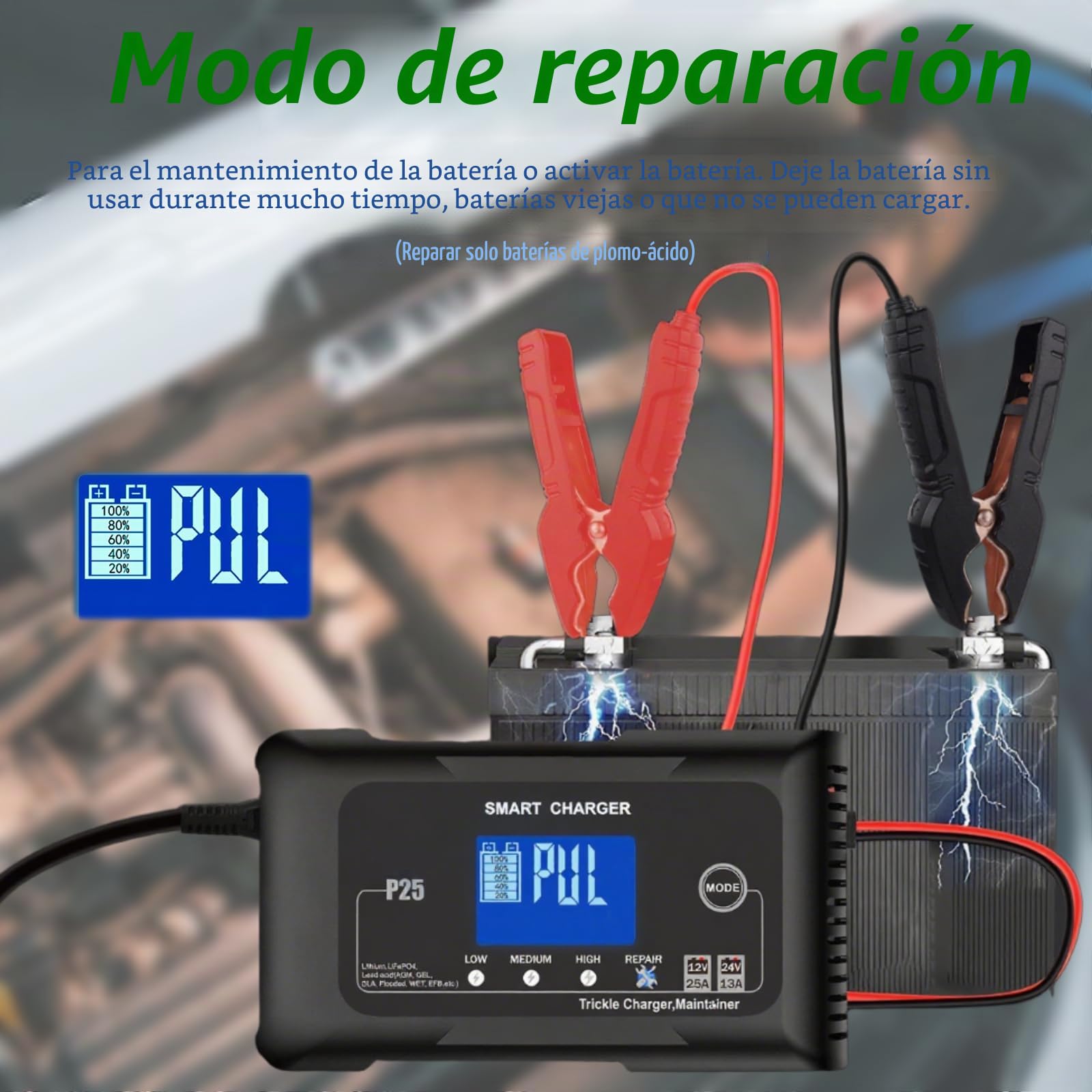 Cargador y mantenedor de batería Inteligente para Coche de 12V/24V y 25A,con 9 etapas de Carga y Pantalla LCD,4 Modos seleccionables para litio/LiFePo4/plomo-ácido/AGM,Compatible con Varios vehículos