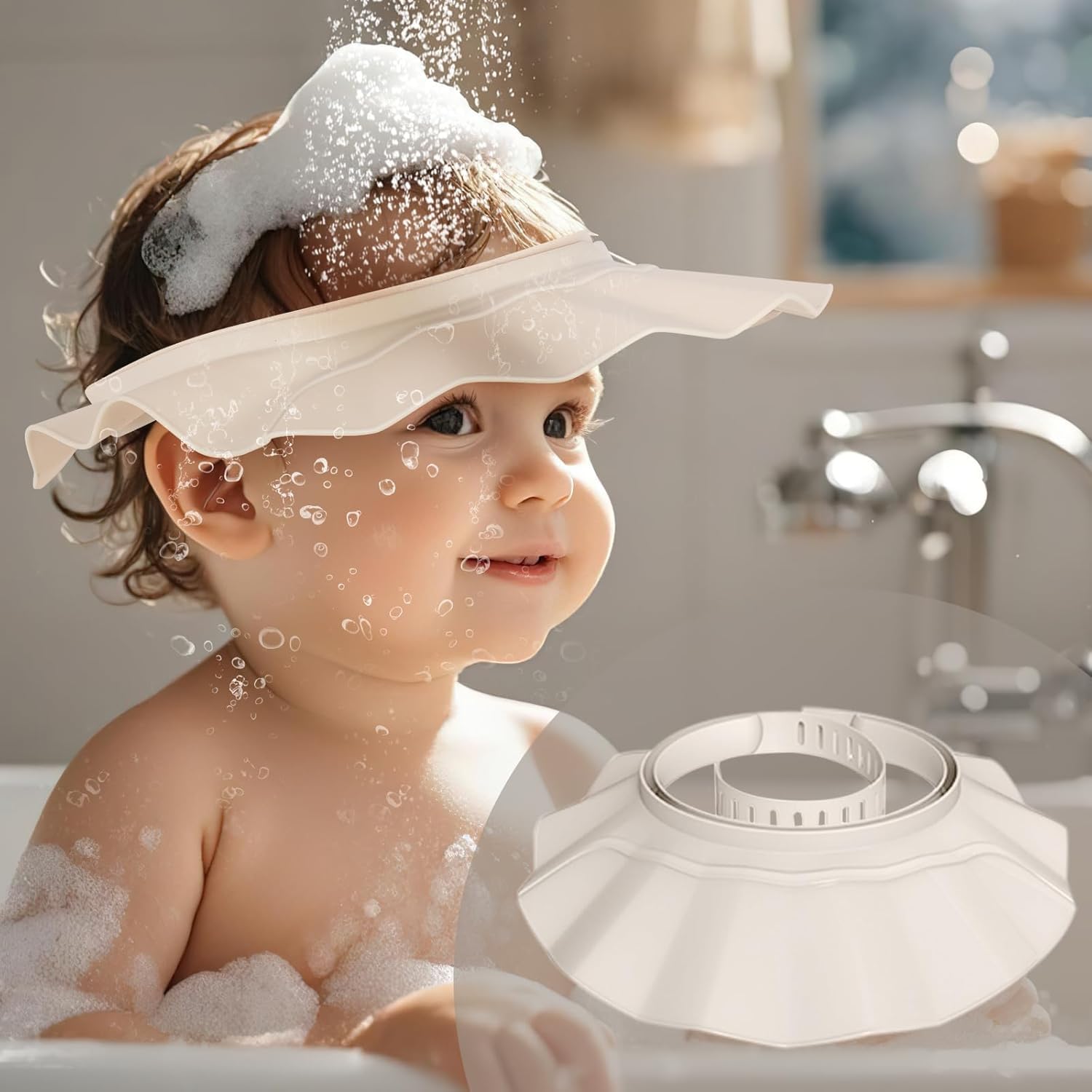 Baby Shower Cap Hat Soft Adjustable Bath Head Cap Visor for Washing Hair Safe Shampoo Shower Bathing Protection Head Eye Ear,Shampoo Caps for Toddler,Baby,Kids,Makes the Bath More Fun (White)