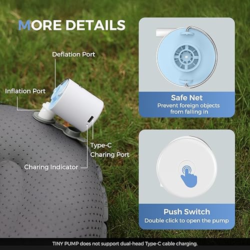 Miniatura 7 de FLEXTAILGEAR Tiny Pump - Bomba de aire portátil de tamaño ultrapequeño, con batería de 1300 mAh, recargable por USB, para inflar y desinflar Azul