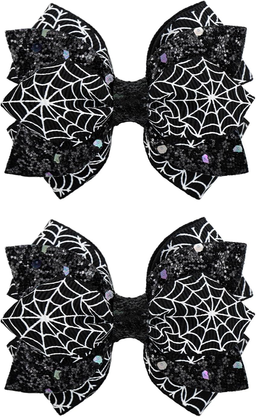 YanJie 2Pcs 3’’ Spider Web Bow Clips Halloween Hair Accessories Glitter Clip Black Hairpin Cute Halloween Accessory for Girls Spider Women Outfits