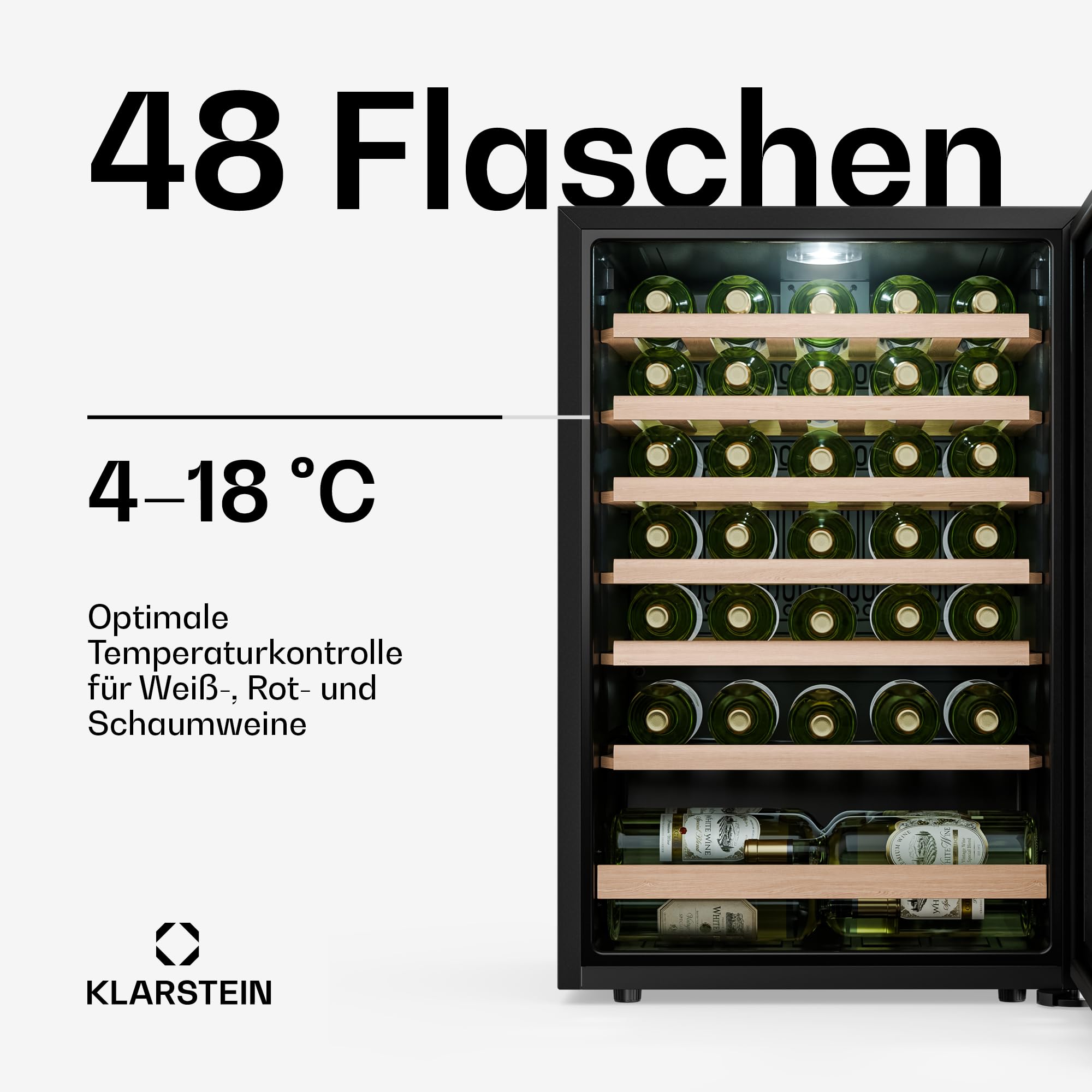 Klarstein Bevora Weinkühlschrank 48 Flaschen – Freistehender Weinkühlschrank, Touch-Bedienfeld 4–18 °C, UV-Glastür, LED-Beleuchtung, Holzablagen