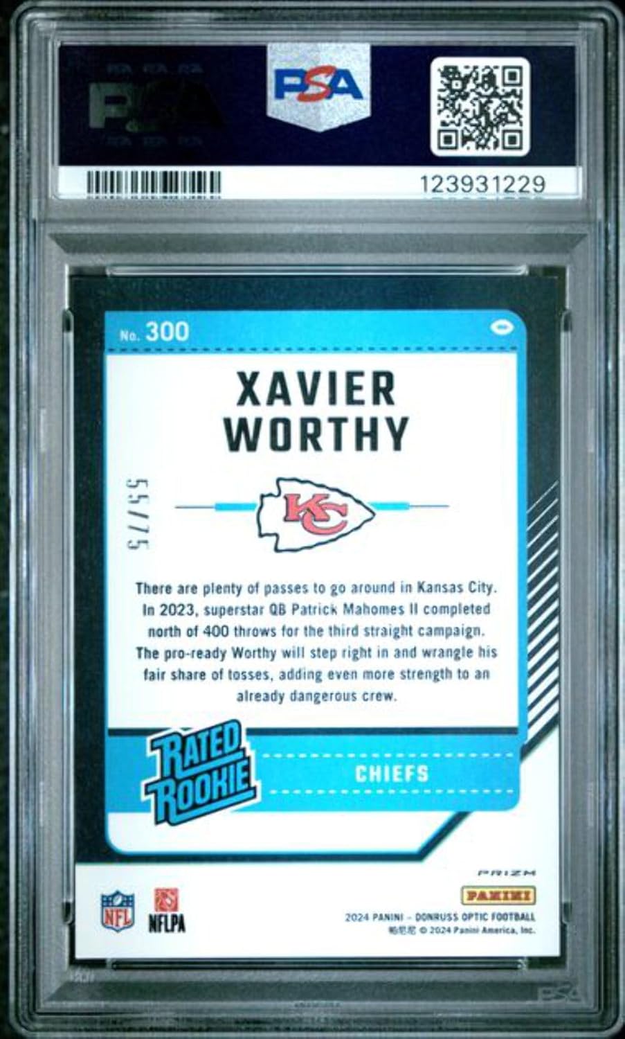 Graded 2024 Donruss Optic Xavier Worthy #300 Electricity /75 Rookie RC Football Card PSA 9 Mint
