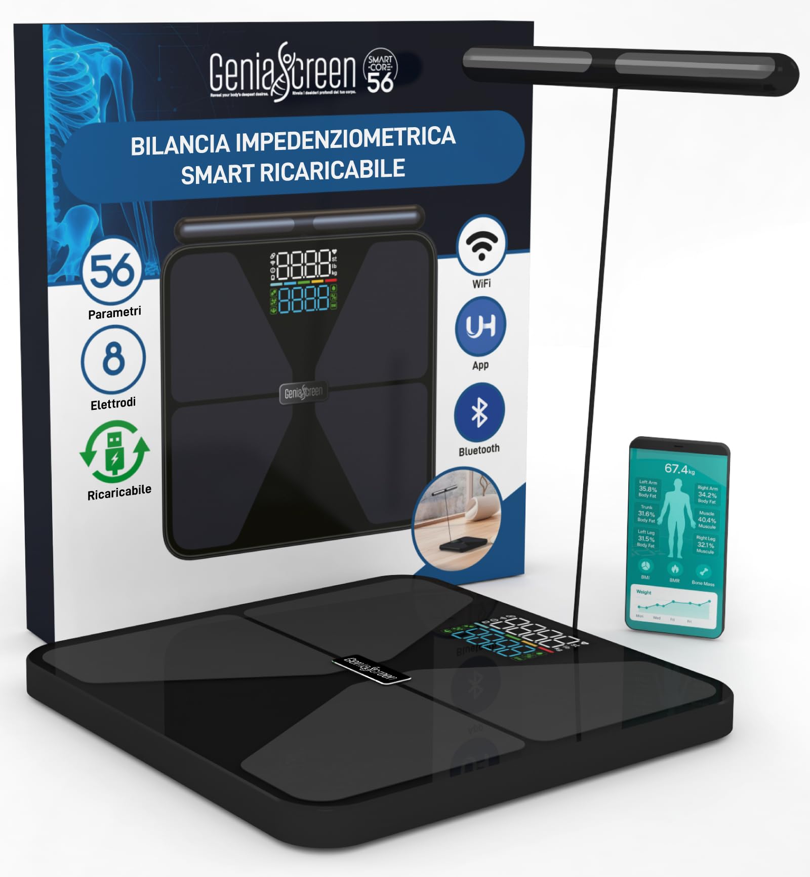 Bilancia Impedenziometrica Smart Wi-Fi Pesapersone Digitale Ricaricabile 56 Misurazioni Vetro Temperato 32x30cm Portata 180Kg GeniaScreen SmartCore Display LED - Massa Muscolare Grasso BMI Bluetooth
