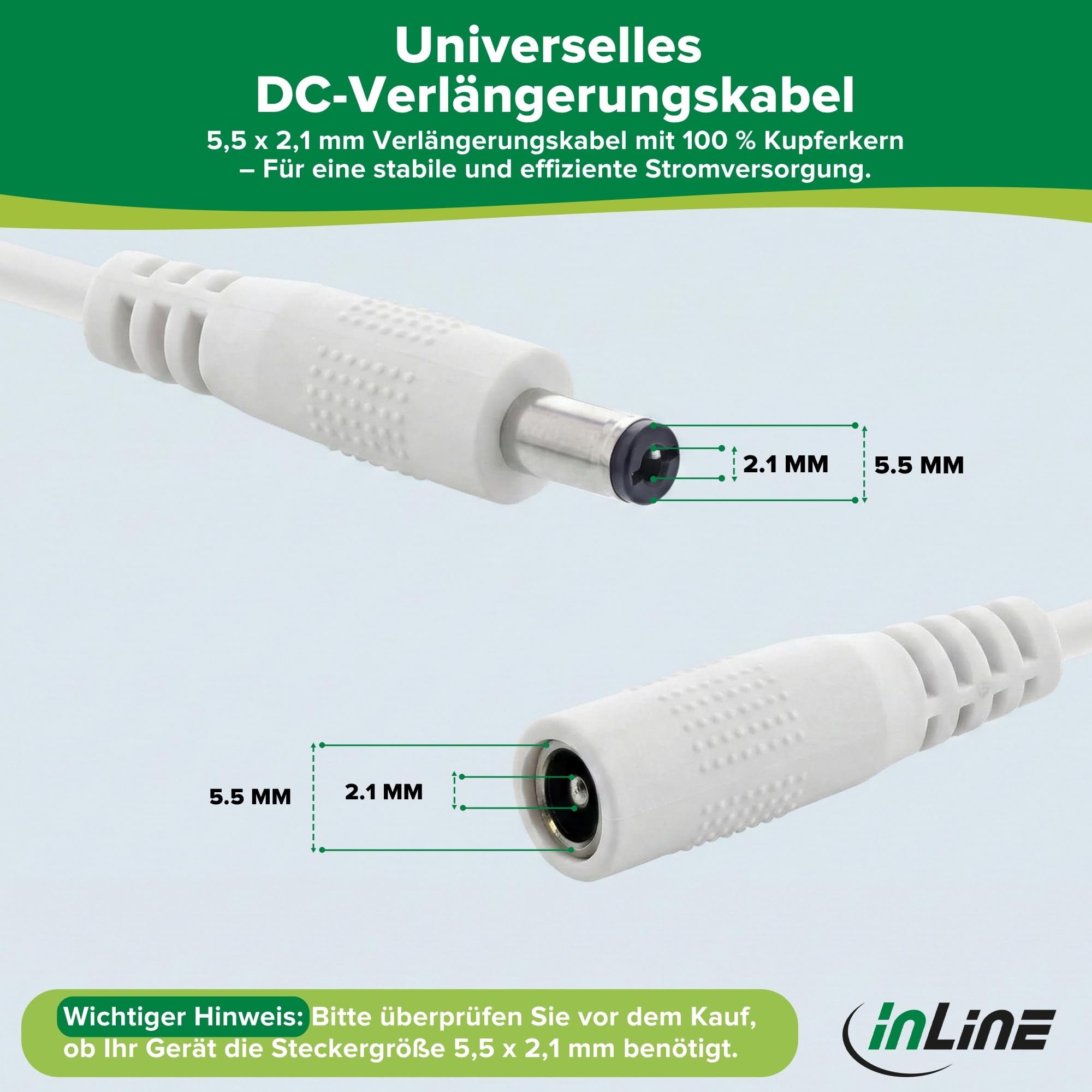 InLine - Przedłużacz DC, uniwersalny zasilacz sieciowy przedłużacz do taśm LED, kamer monitorujących, drukarek, routerów, przełączników i wielu innych, wtyk DC 5,5 x 2,1 mm, biały, 2 m