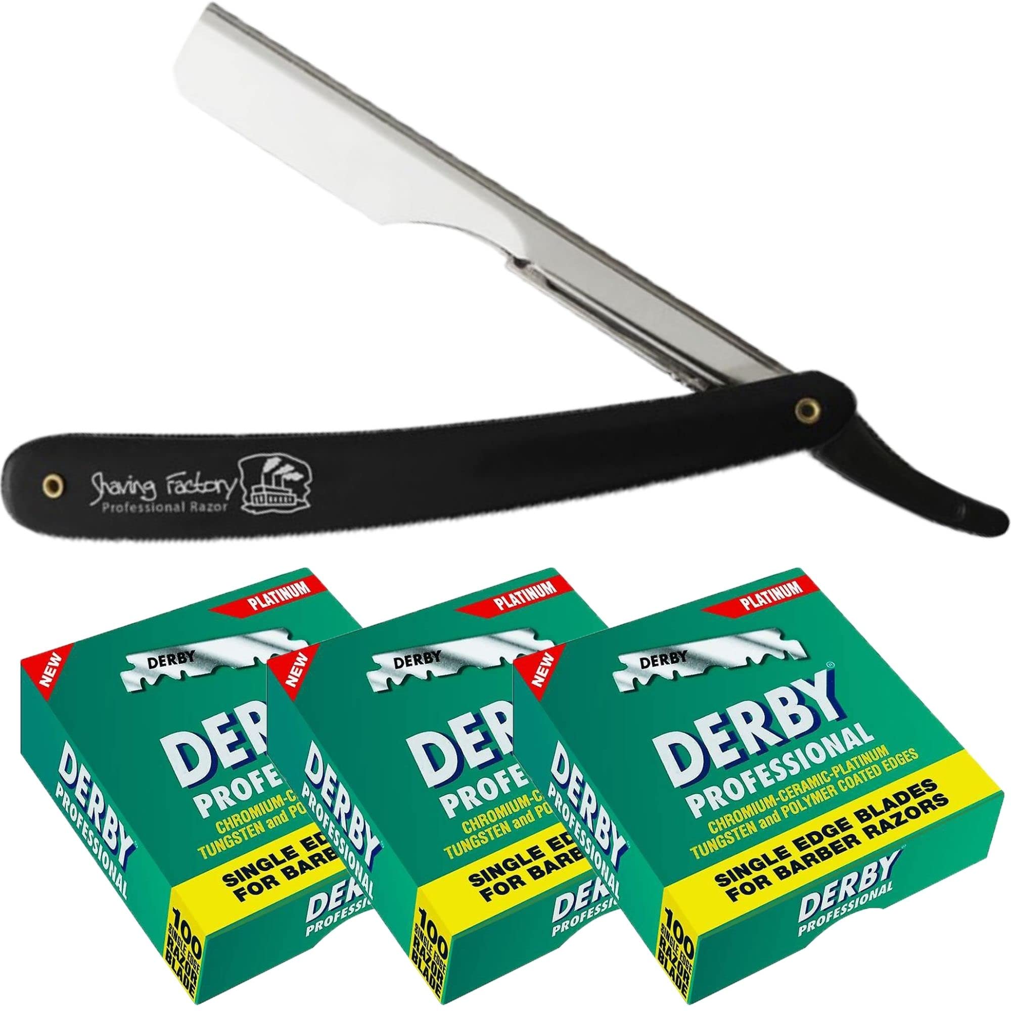 The Shave Factory Black & Silver Straight Edge Razor, Single Edge Blade Compatible Shaving Kit, Easy Replaceable Blade Razor (3 Piece Set)