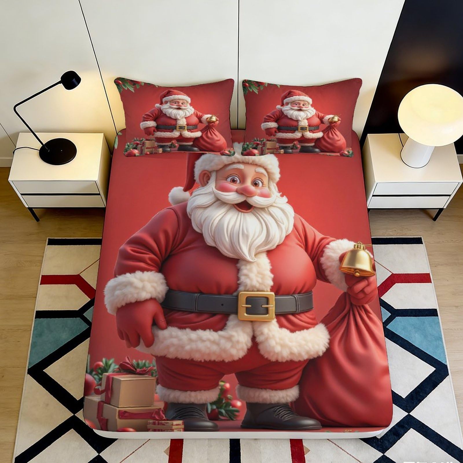 3D Printed Santa Claus Fitted Sheet Microfiber Deep Pocket Non-Slip Christmas Bedroom Mattress Fitted Cover Washable for Home Use 200x200x25cm 90x200x25cm