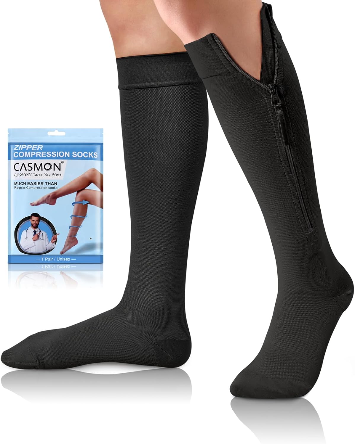 CASMON Zipper Compression Socks for Women & Men, 2030 mmHg Closed Toe Knee High