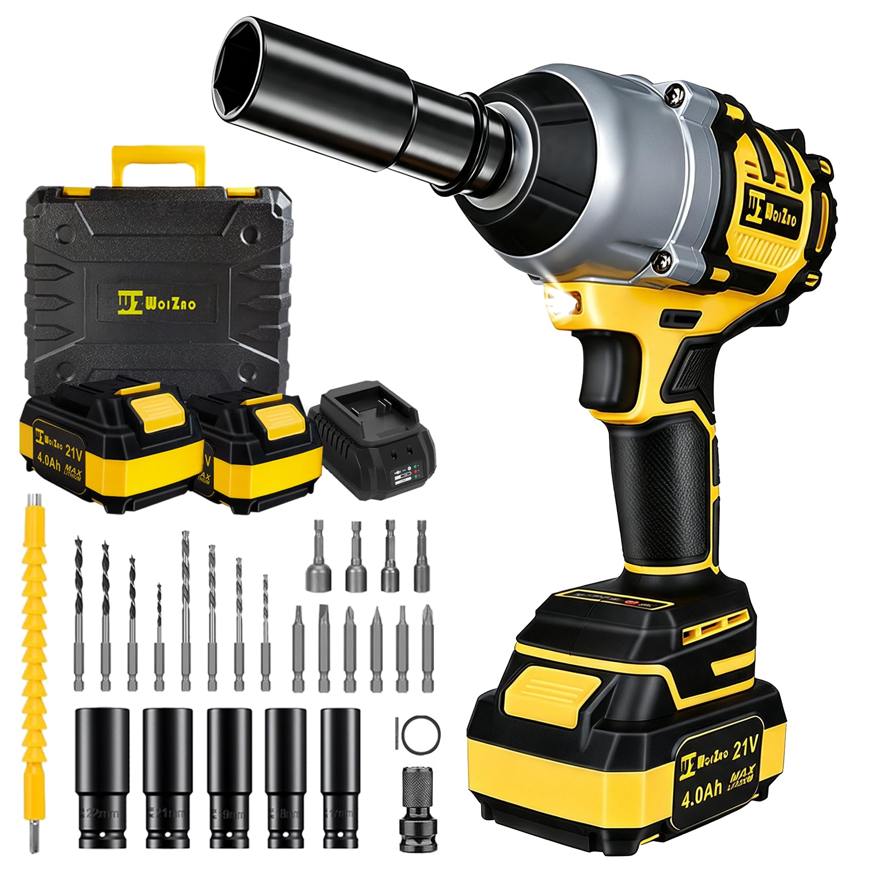 Avvitatore a percussione senza fili da 1,3 cm, 800 nm, avvitatore a percussione senza spazzole, 3000 giri/min, 2 batterie da 4,0, 5 prese, 8 trapani, 6 viti per casa, auto, pneumatici, camion