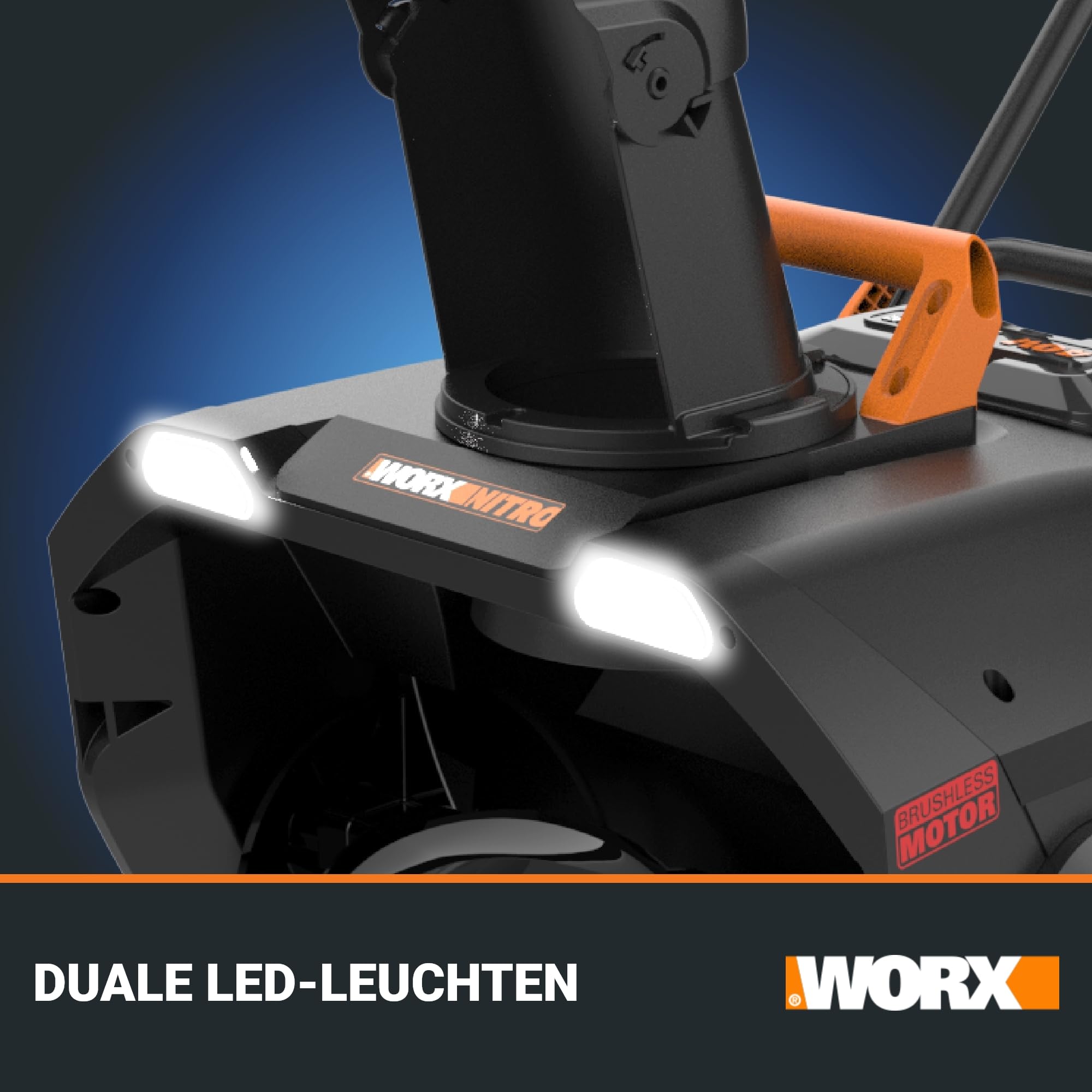 WORX WG471E Nitro Akku-Schneefräse 40V – Brushless Motor – 51cm Arbeitsbreite – bis zu 25cm Schneehöhe geeignet - 180° drehbare Auswurfkanal – 6m Wurfweite – LED-Licht – inkl. 2x4Ah Akkus & Ladegerät