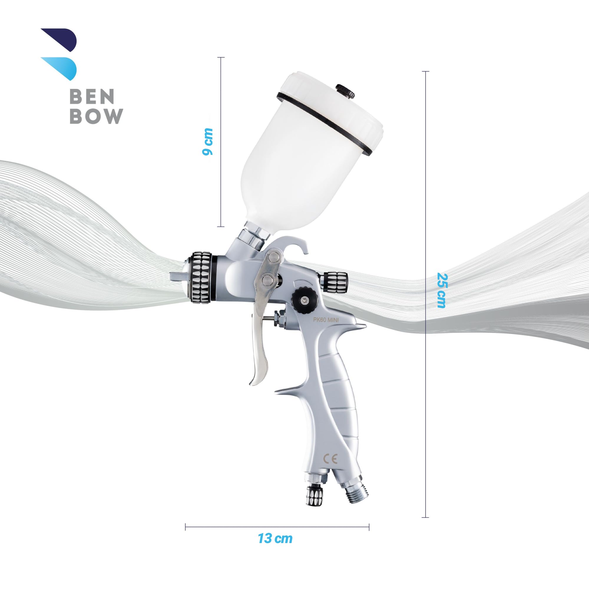 BenBow Pistola a spruzzo PK60 Mini, Ugello da 1,2 mm, Qualità professionale, Pistola a spruzzo per verniciatura, Verniciatura di piccole aree e dettagli precisi