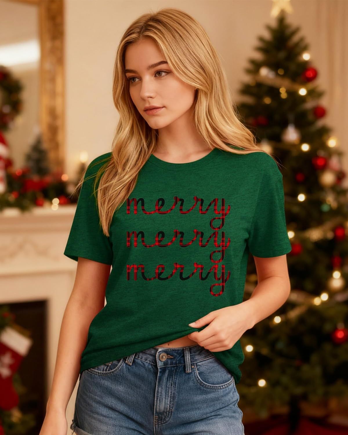 Christmas Graphic Tees for Women Merry Xmas Shirts Casual Funny Holiday T-Shirts Crew Neck Cute Santa Print Top - Image 3