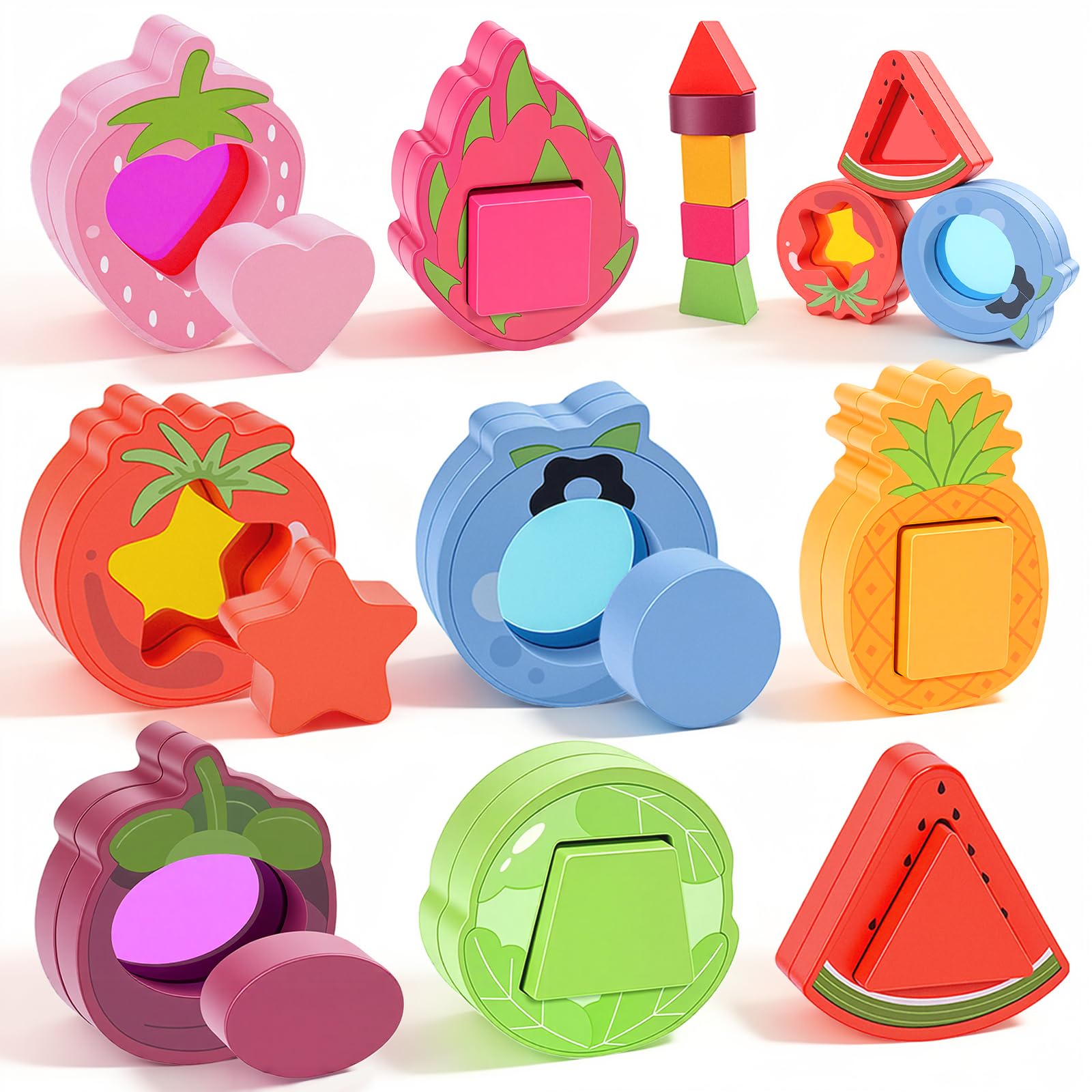 Jouet Bebe 1 an, Jeux Bebe 1 an, Jouet Montessori en Bois Cadeau Bebe 1 ans | Jeux Enfant 1 an Montessori en Bois et Acrylique avec Formes, Fruits et Légumes à Associer, Cadeau pour Garçon et Fille