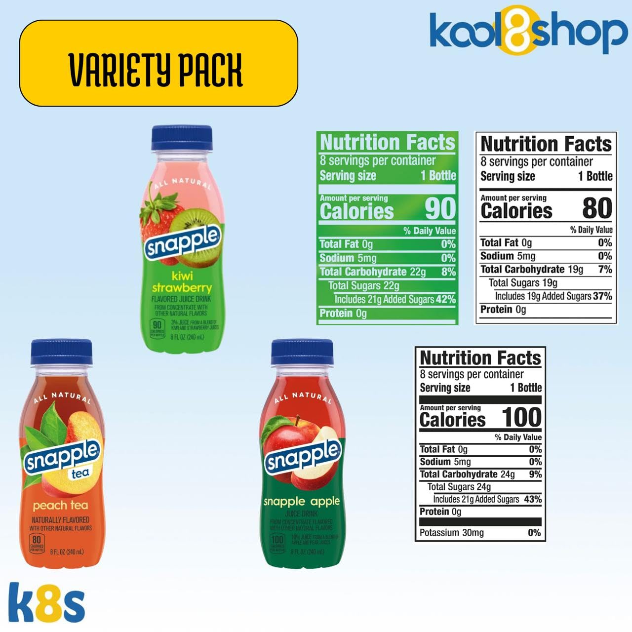 Snapple Variety Pack All Natural Juice Drink 8 fl oz Mini Plastic Bottle 24 Pack + 2 Reusable Snack Bags by KOOL8SHOP Infinite Deals