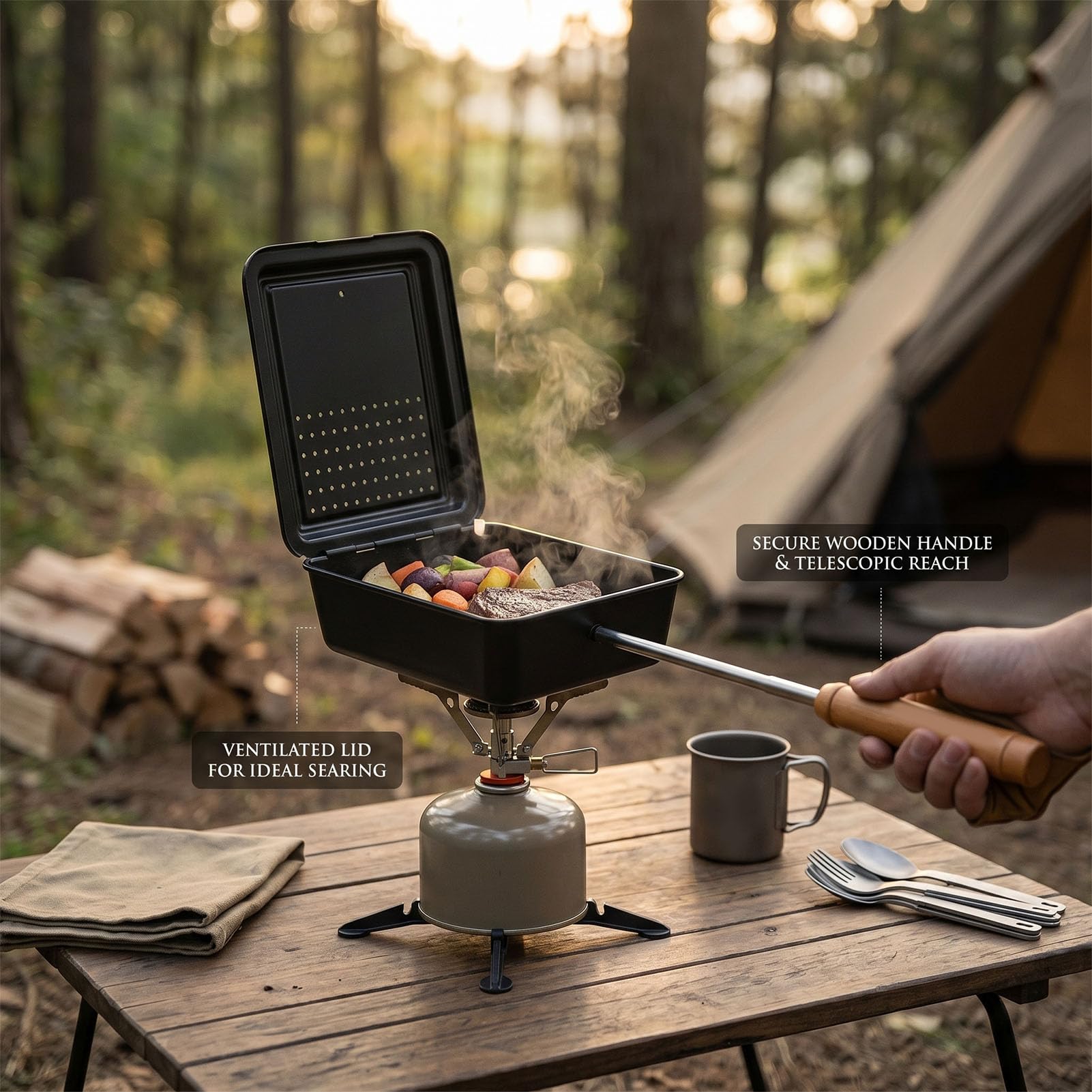 Camping Popcorn Popper Antiadhésif Manche en Bois Foyer Batterie de