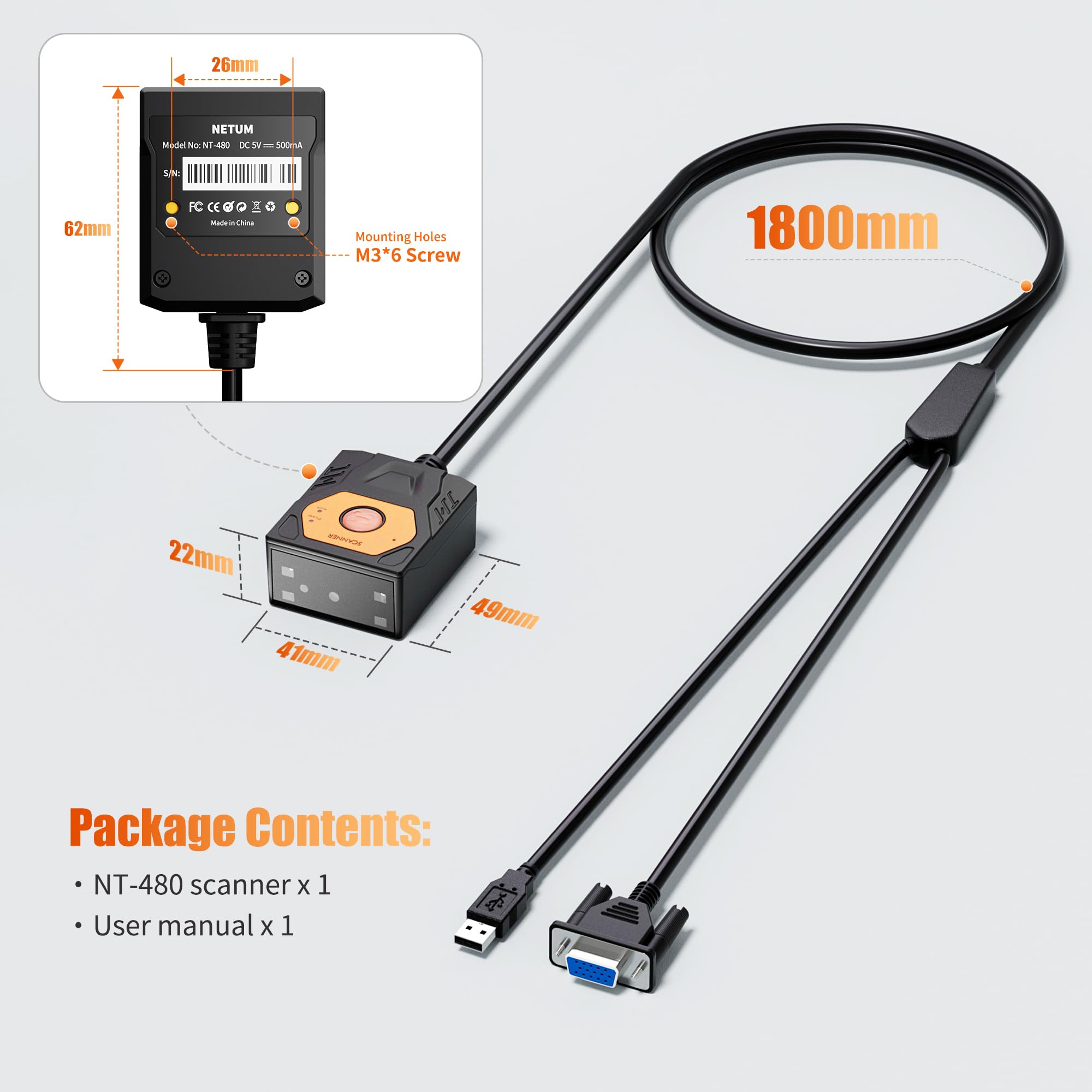 NETUM NT-480 (RS232) Lettore di codici a barre integrato, scanner 2D a montaggio fisso per codici QR e 1D, modulo di scansione omnidirezionale a mani libere per automazione industriale, chiosco, OEM e