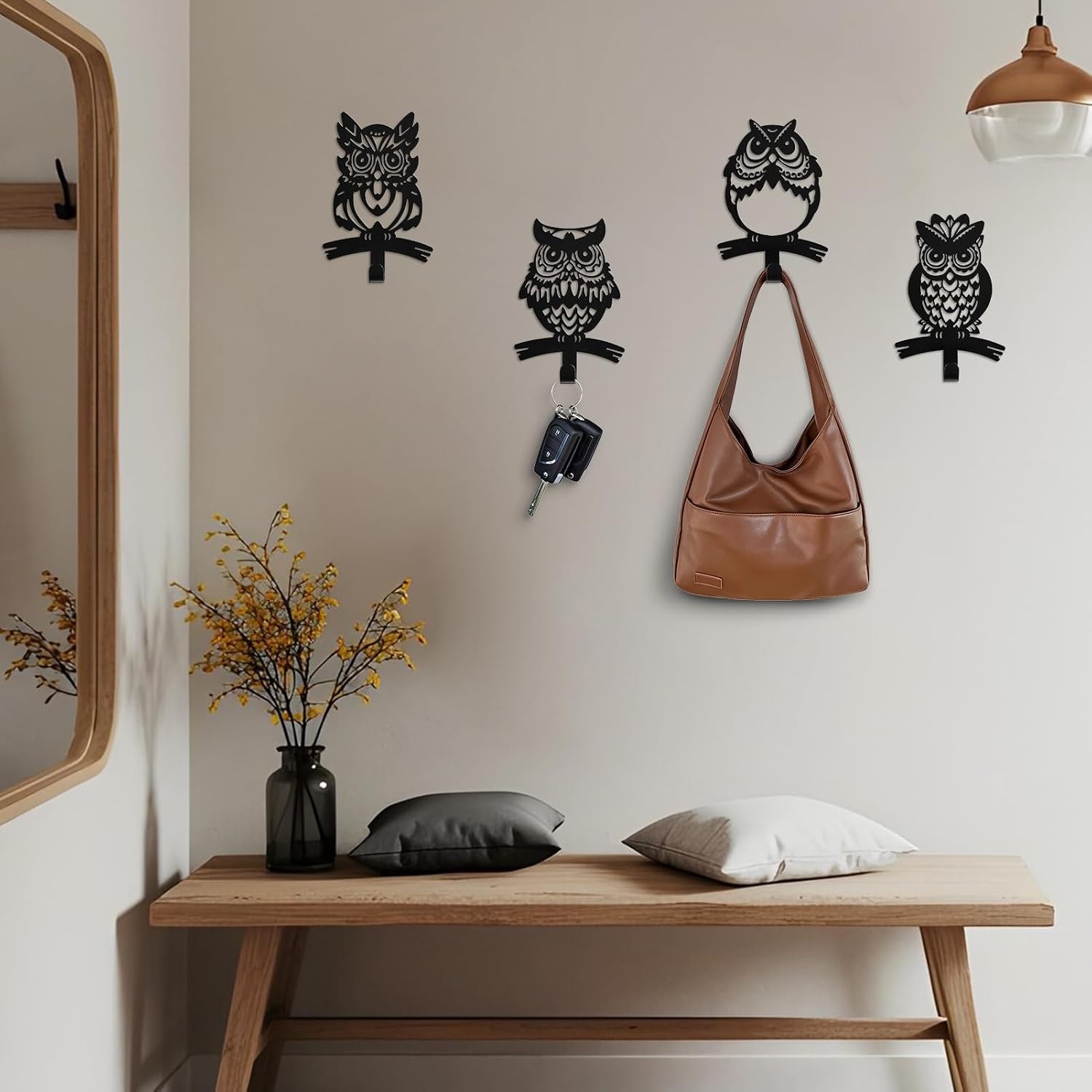Owl Wall Decor – Set of 4 Metal Owl Hooks – Owl Wall Art for Hanging Keys, Towels & More – Rustic Owl Decorations for Home