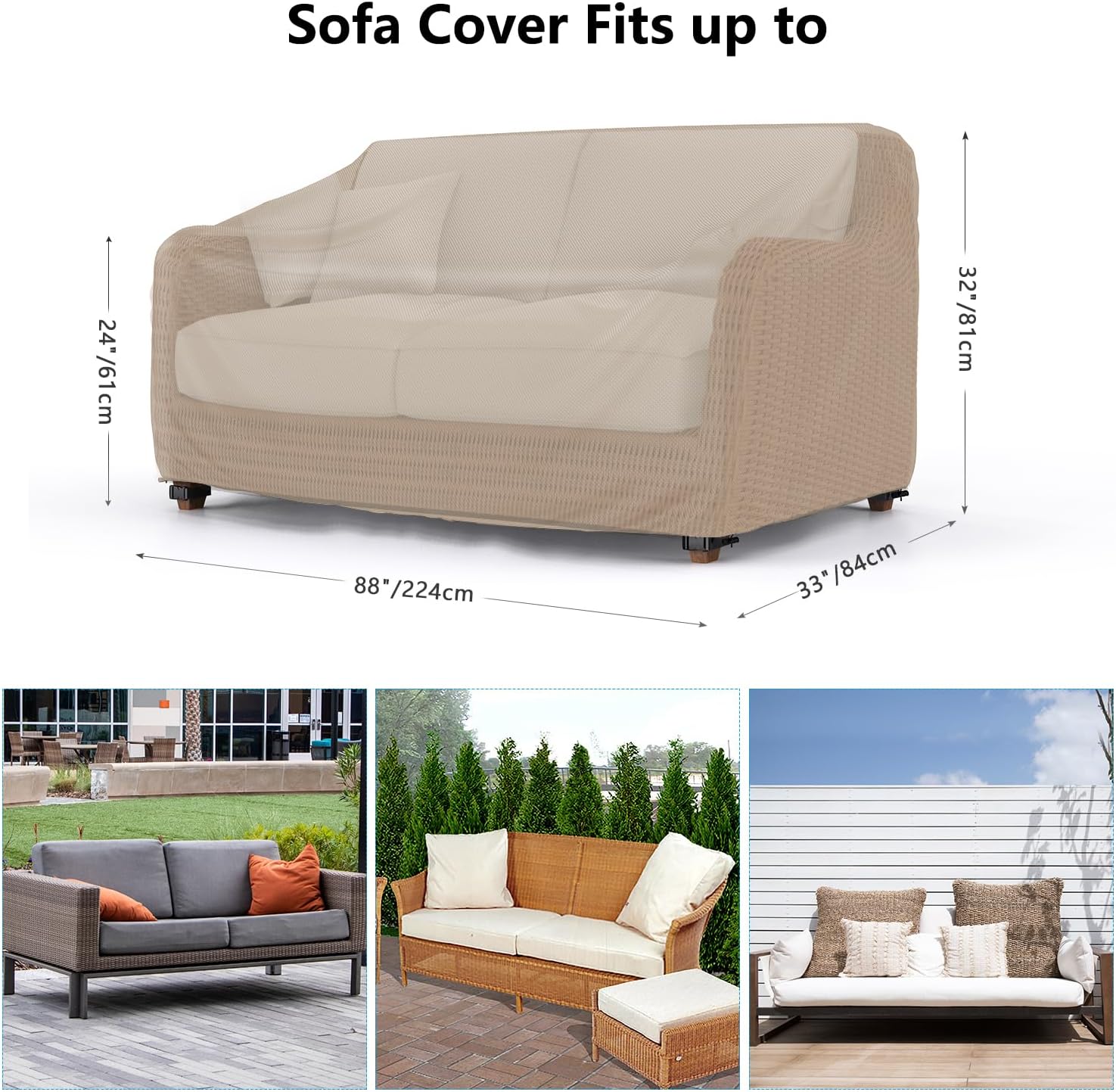Heavy Duty Patio Sofa Cover, Mrrihand 3-Seater Outdoor Sofa Loveseat Cover, Outdoor Patio Furniture Cover with Air Vent and Handles, 88" W×33" D×32" H, Brown