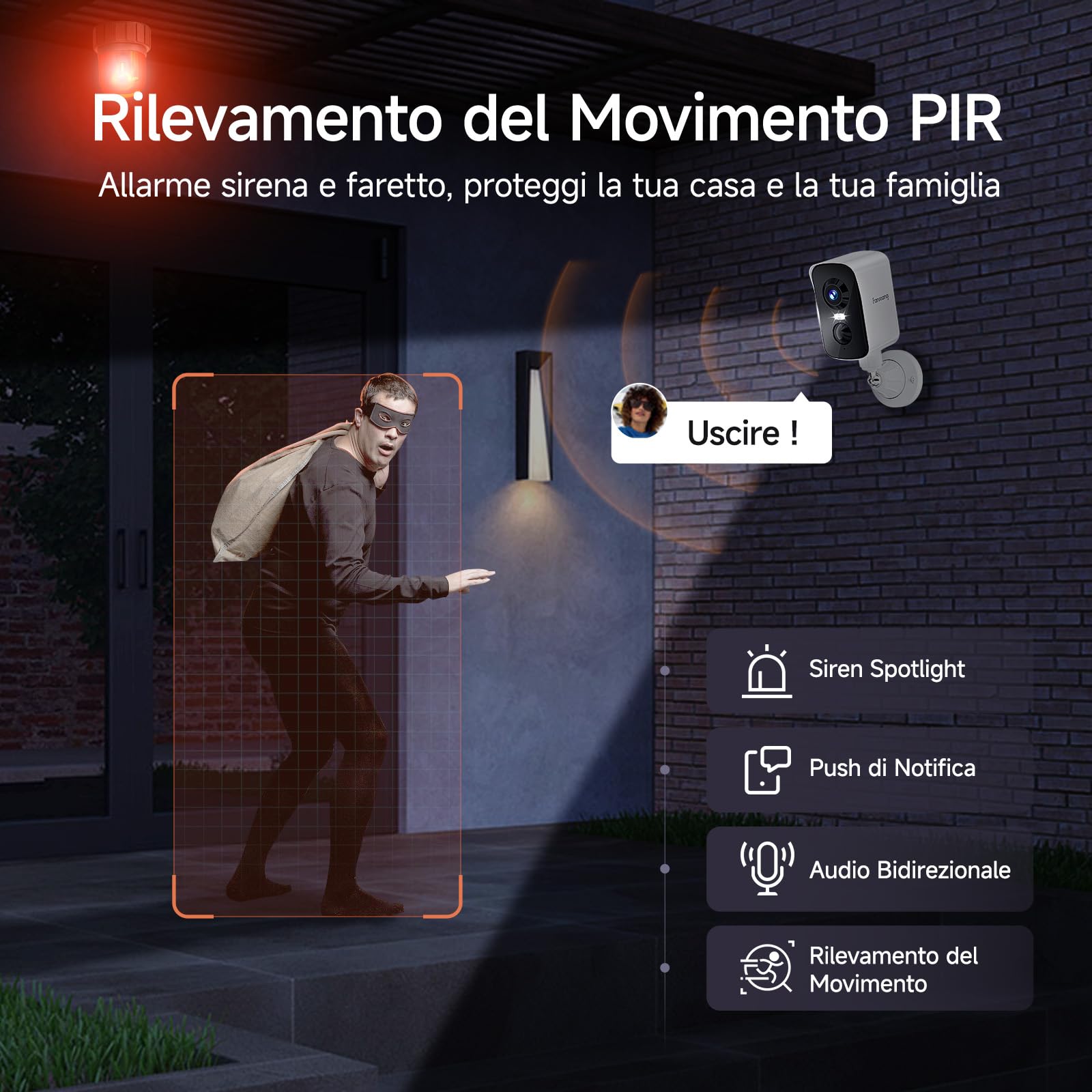 fanxiang Telecamera WiFi Esterno Senza Fili, Telecamera di Sicurezza Wireless con Visione 360°, Batteria Ricaricabile, Visione Notturna a Colori 10m, Rilevamento AI, PIR, IP65