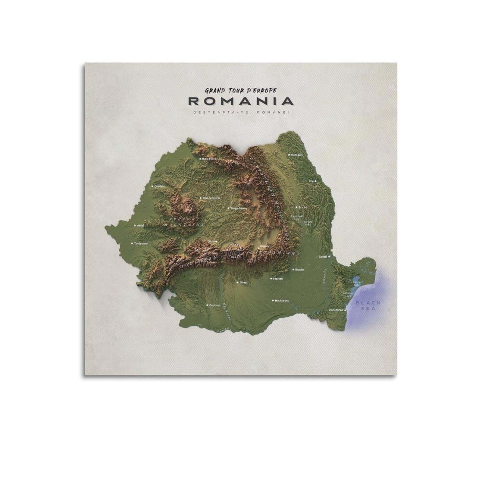 OKAHYS Romania Topographic Map Artwork Poster Decorative Painting Canvas Wall Artworks Picture 16x16inch(40x40cm)