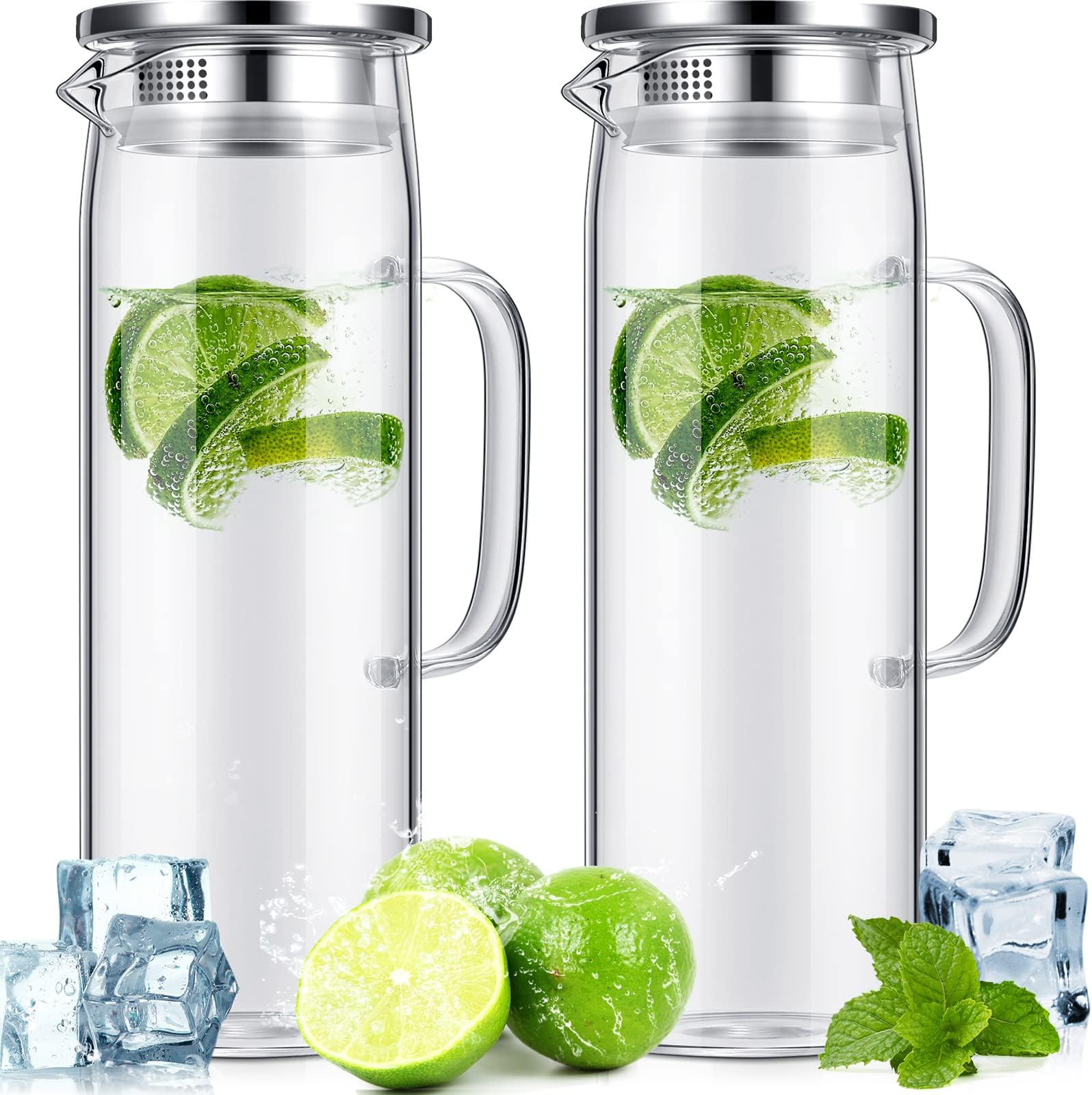 2 Pcs Glass Pitcher Water Pitcher Fridge with Lid and Handle Carafes and Pitchers Iced Tea Pitcher Hot Cold Water Heat Resistant Borosilicate Glass Jug for Water Juice Iced Tea (Stylish Style,50 Oz)