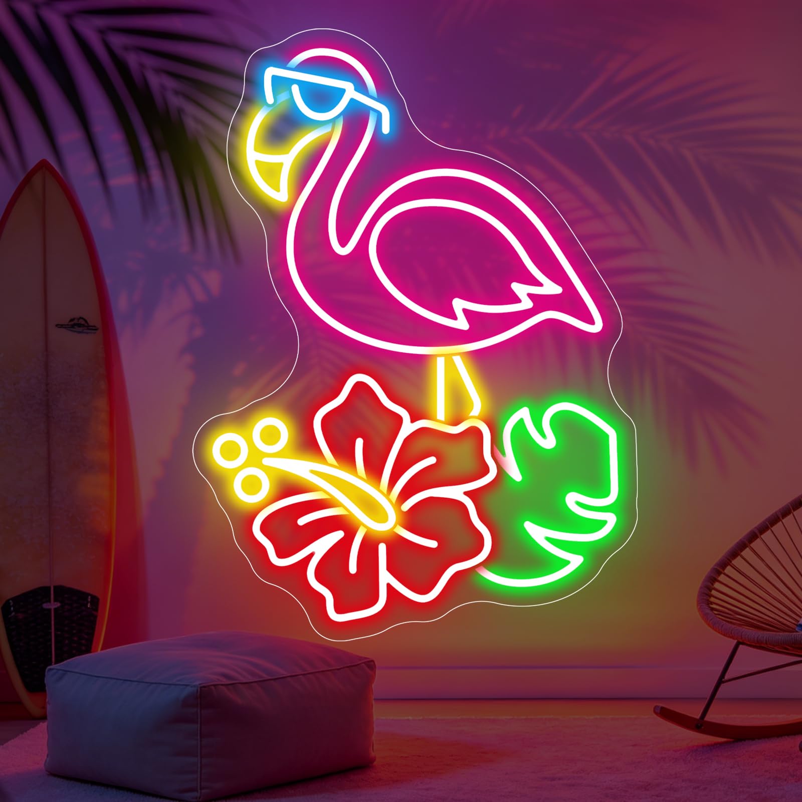 Flamingo Hibiscus Palm Leaf Neon Sign, Tropical LED Neon Sign Wall Decor