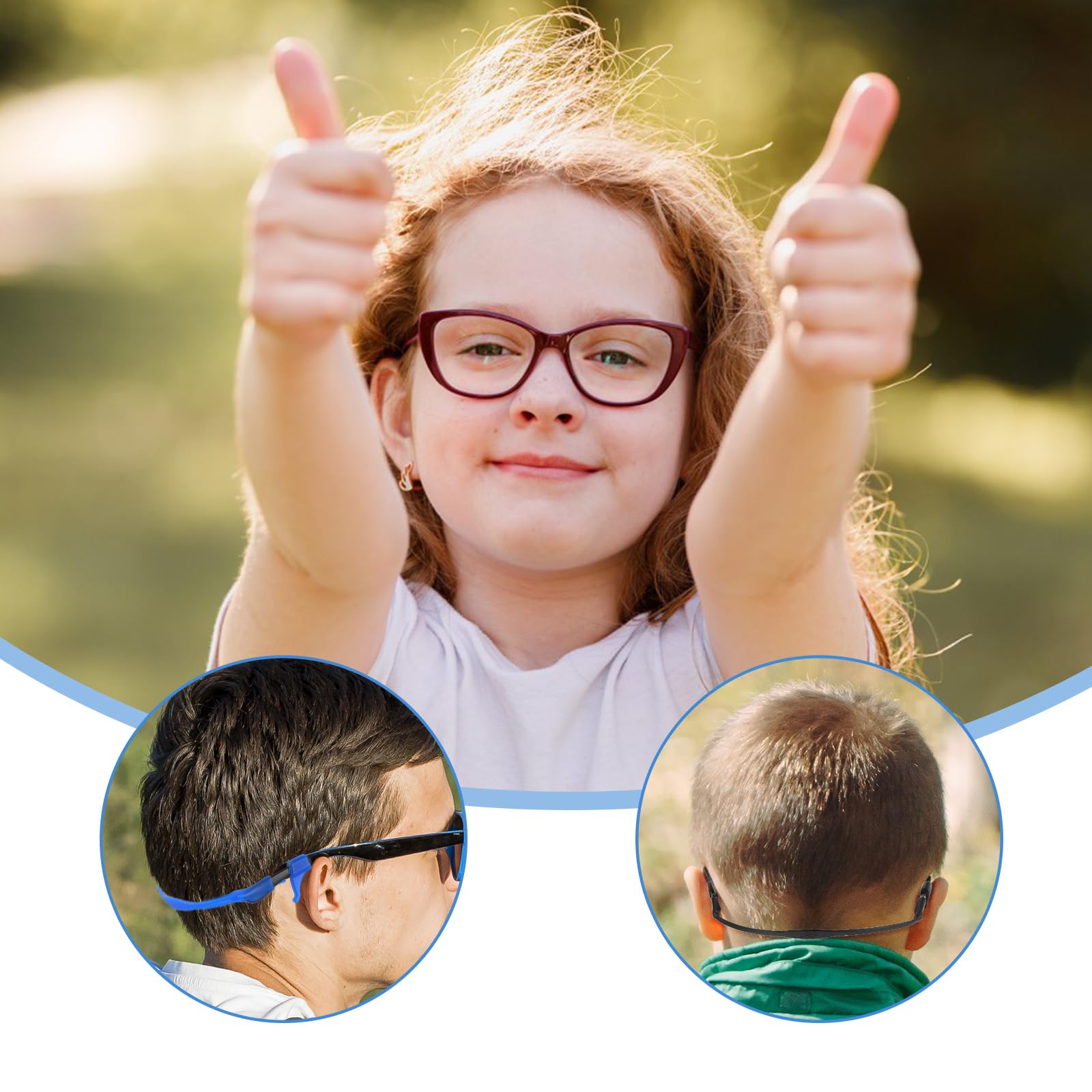 Amaxiu Confezione da 8 fasce per occhiali per bambini con 8 paia di ganci per orecchini, in silicone antiscivolo, supporto elastico per occhiali da sole, per bambini sportivi