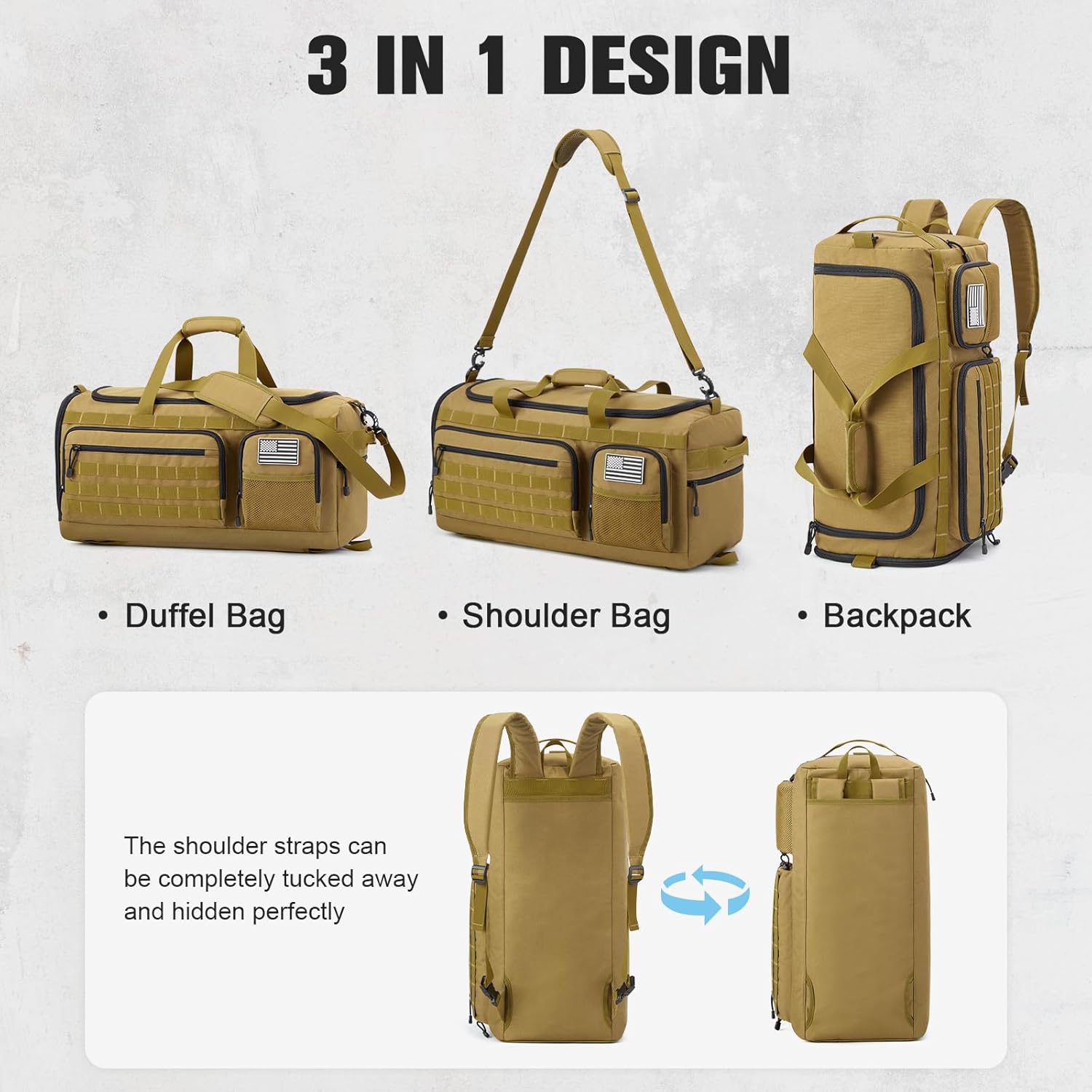 G4Free 3-in-1 Travel Duffle Bag for Men and Women, 50L Large Gym Sports Bags Tactical Military Duffle Backpack with Shoes Compartment and Wet Pocket (Khaki)