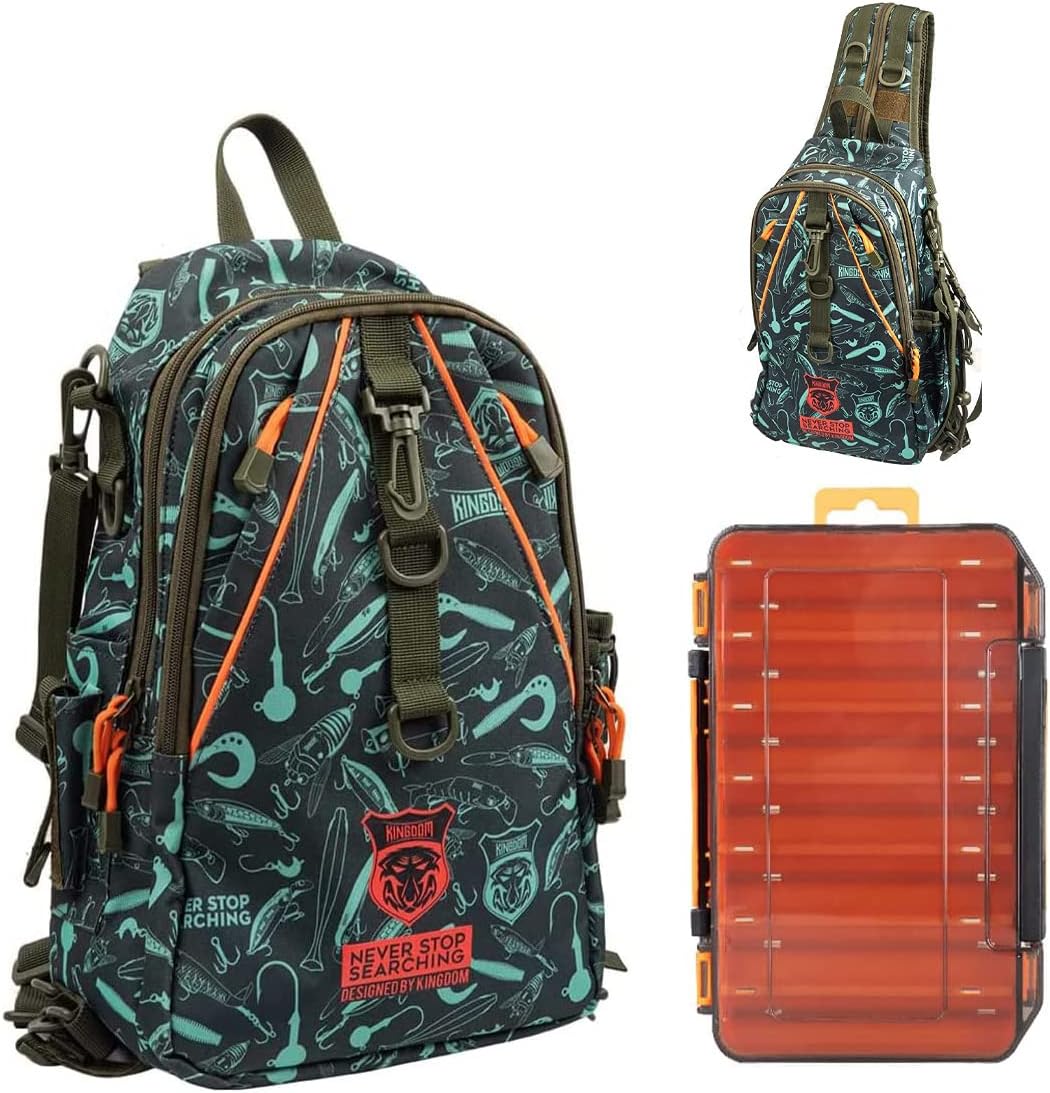 KINGDOM Fishing Tackle Storage Bag With Fishing lure Box, Water-Resistant Fishing Backpack with Rod Holder, Fishing Gear Bag