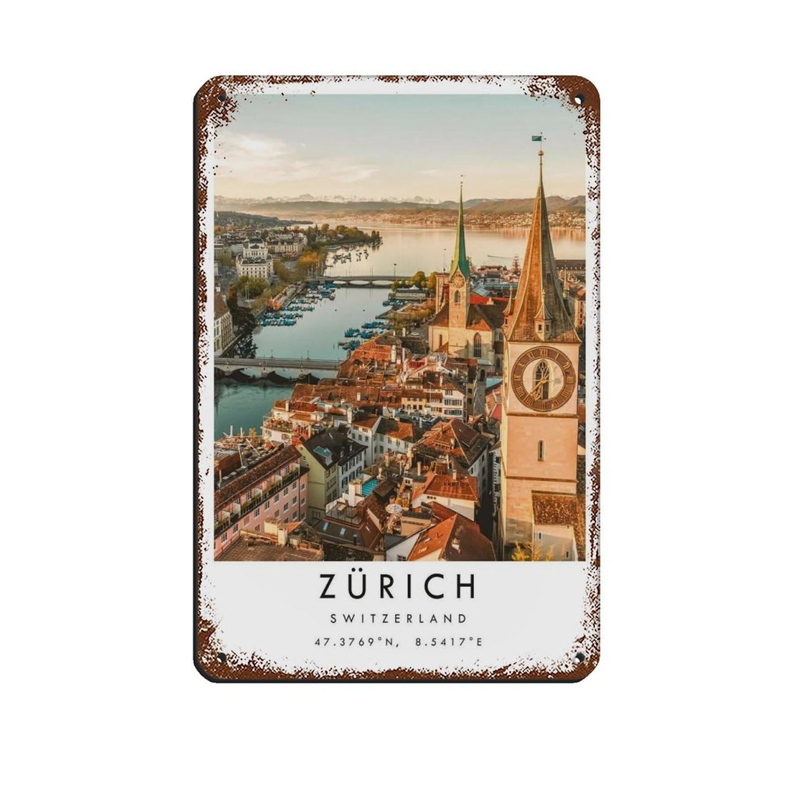 Zurich Travel, Switzerland Poster Retro Poster Metal Tin Sign Chic Art Retro Iron Painting Bar People Cave Cafe Family Garage Poster Wall Decoration 8x12inch(20x30cm)