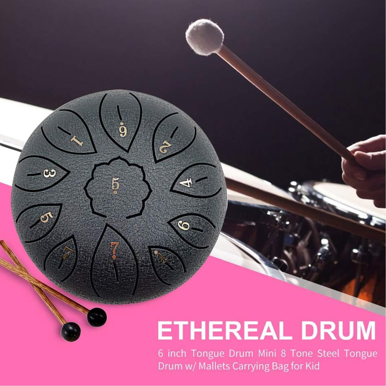 Instrumento de acero carbono Tamaño de 6 pulgadas 11 tonos Versátil para varios estilos musicales Actuaciones y decoración del hogar Tambor de acero carbono