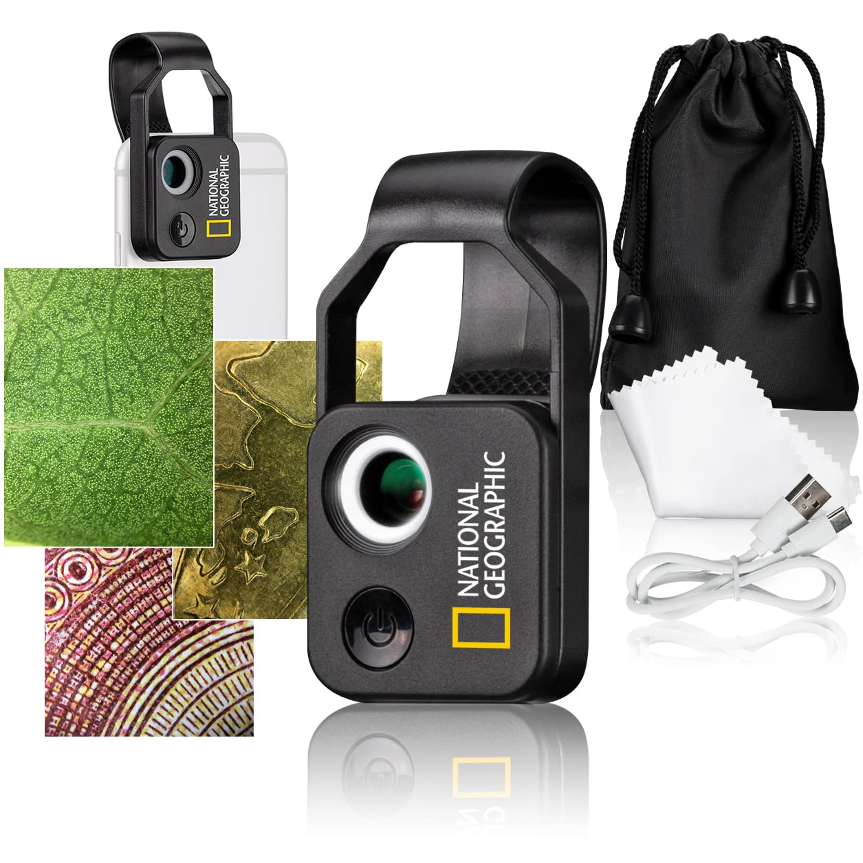 National Geographic 9118500 Microscope de téléphone Portable 200x avec CPL, 2 Modes de luminosité et Clip Universel, Compatible avec 98% des téléphones Mobiles, sans Application supplémentaire