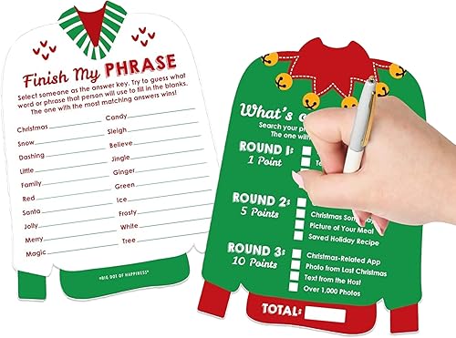 Big Dot of Happiness Ugly Sweater - Tarjetas 2 en 1 para fiestas navideñas y de Navidad, juegos de dúo de actividades, juego de 20