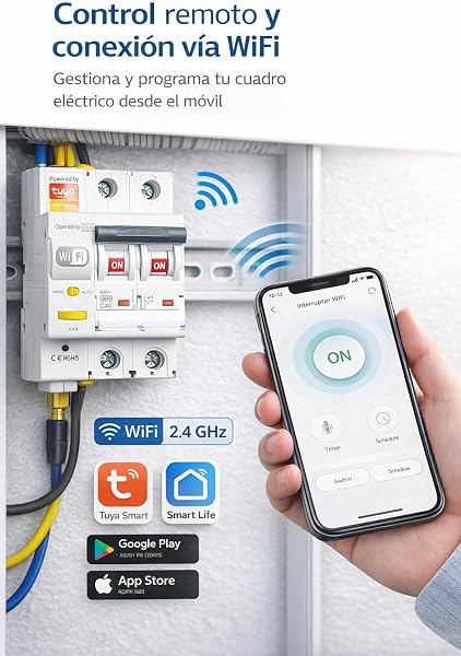 RASMACOR - Interruptor Magnetotermico Rearmable WIFI 2P 32A Curva C 6kA – Compatible con App Tuya Smart – Domotica - Termico Inteligente con Control Remoto - 2