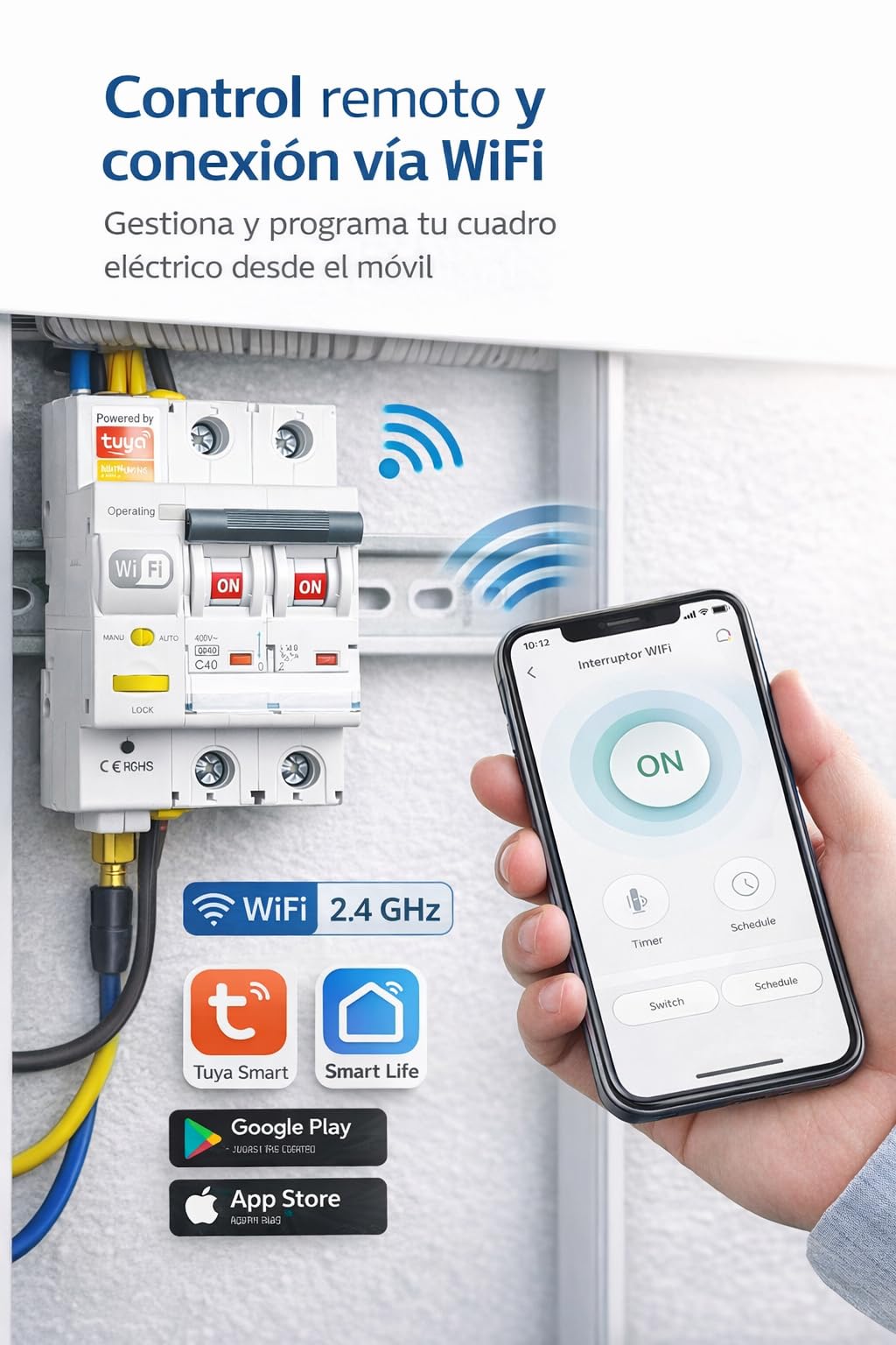 RASMACOR Interruptor Magnetotérmico Reajustable WIFI 2P 16A Curva C 6kA Compatible App Tuya Smart Domótica