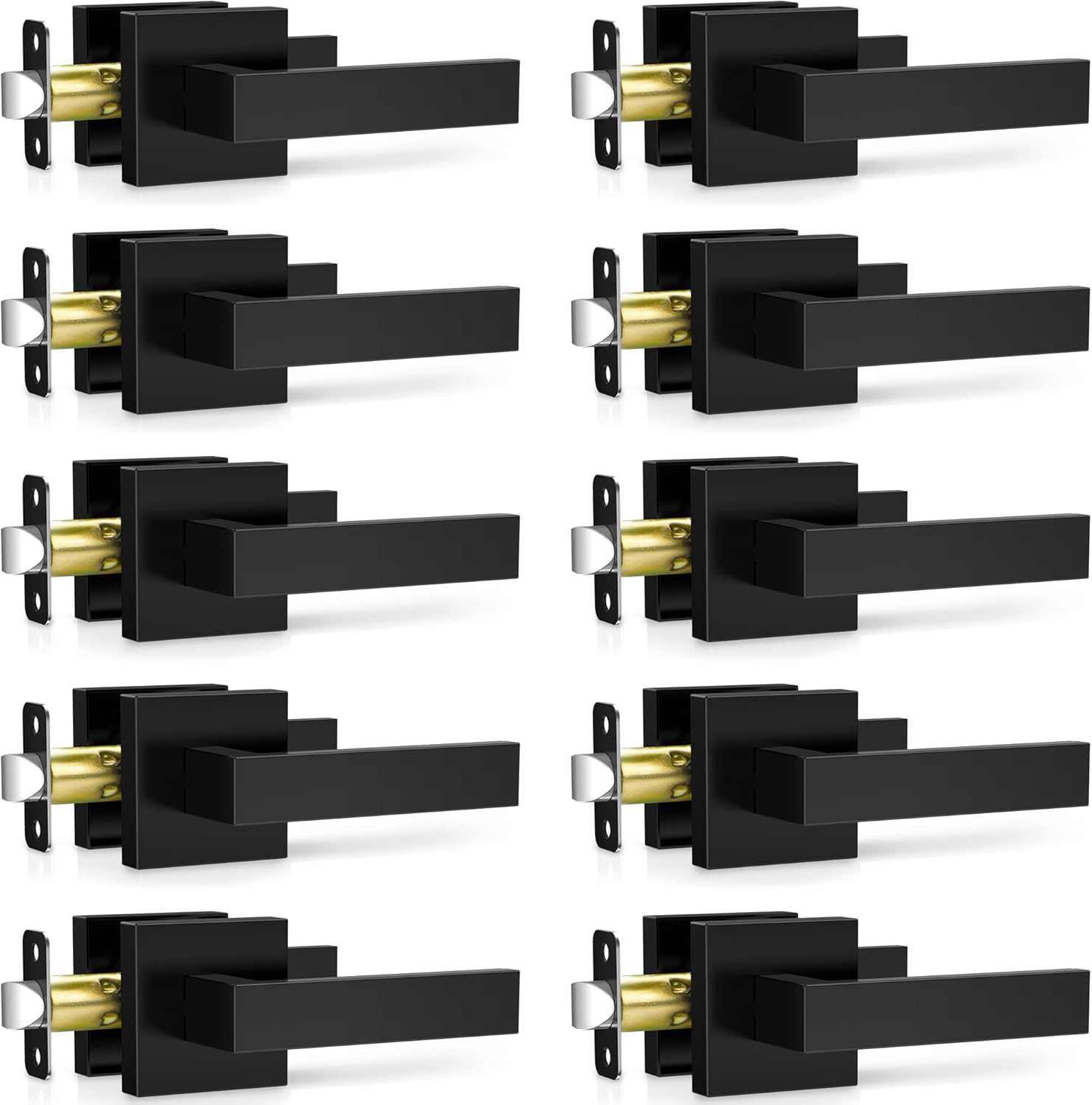 Plustool 10 Pack Matte Black Passage Door Levers - Heavy Duty Square Interior Handles for Closets, Hallways, Reversible Non-Locking