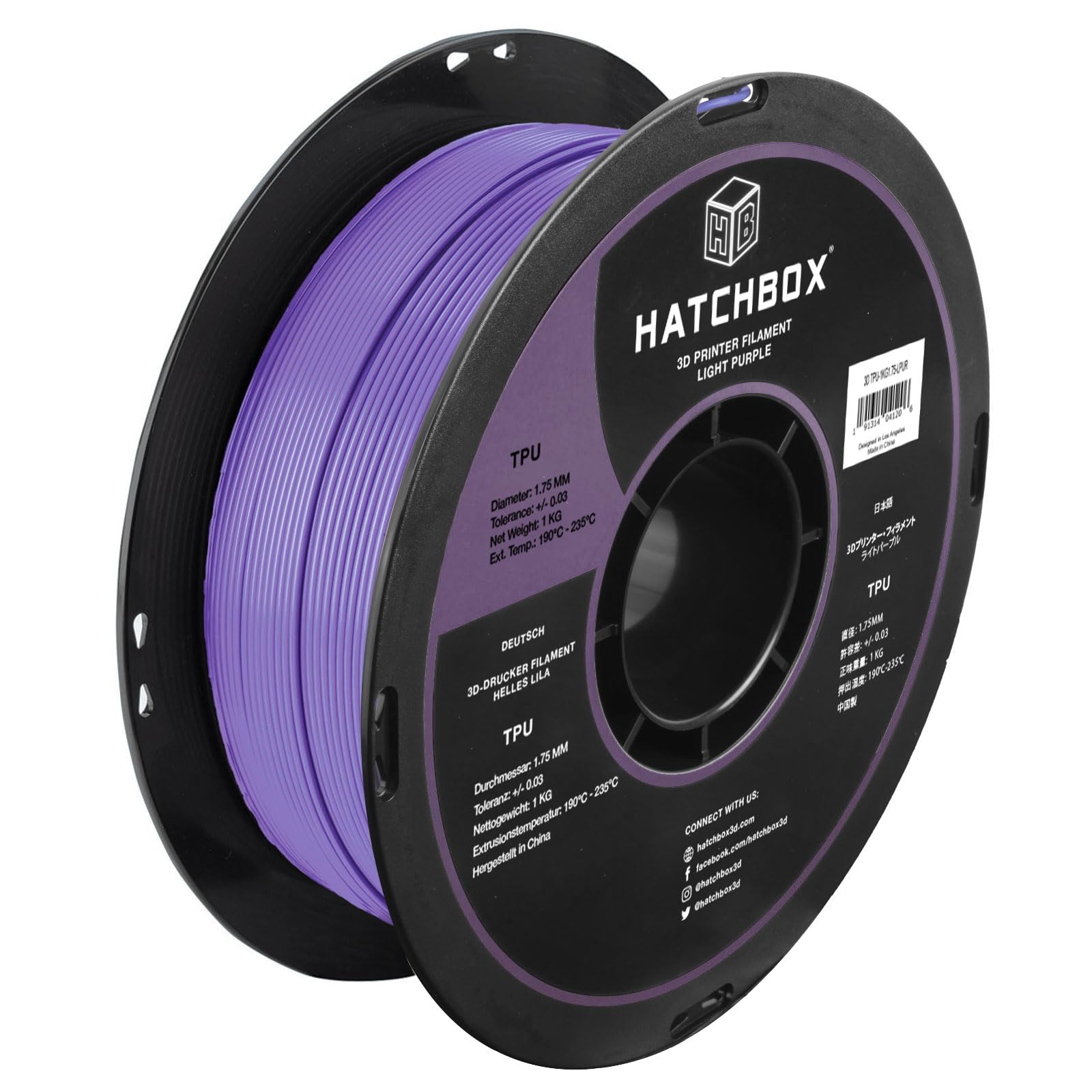 HATCHBOX 1.75mm Light Purple TPU 3D Printer Filament Shore 95A, 1 KG Spool, Dimensional Accuracy +/- 0.03 mm, 3D Printing Filament