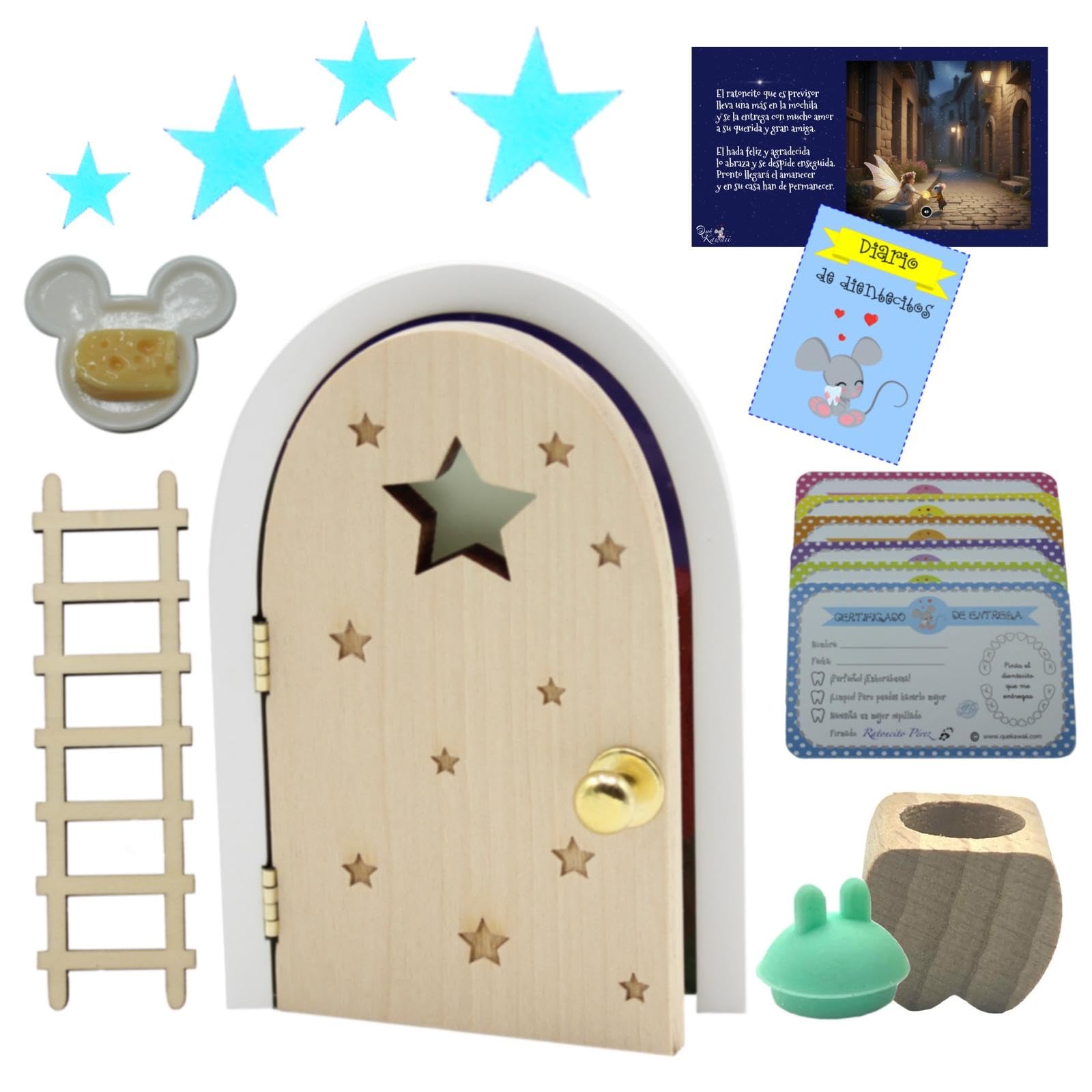 Qué Kawaii® ORIGINAL Kit ratoncito Pérez MÁGICO. Puerta NATURAL de ABETO QUE ABRE Y BRILLA EN LA OSCURIDAD!!!.. + caja guarda dientes de haya+complentos+certificados. GRATIS CUENTO + DIARIO