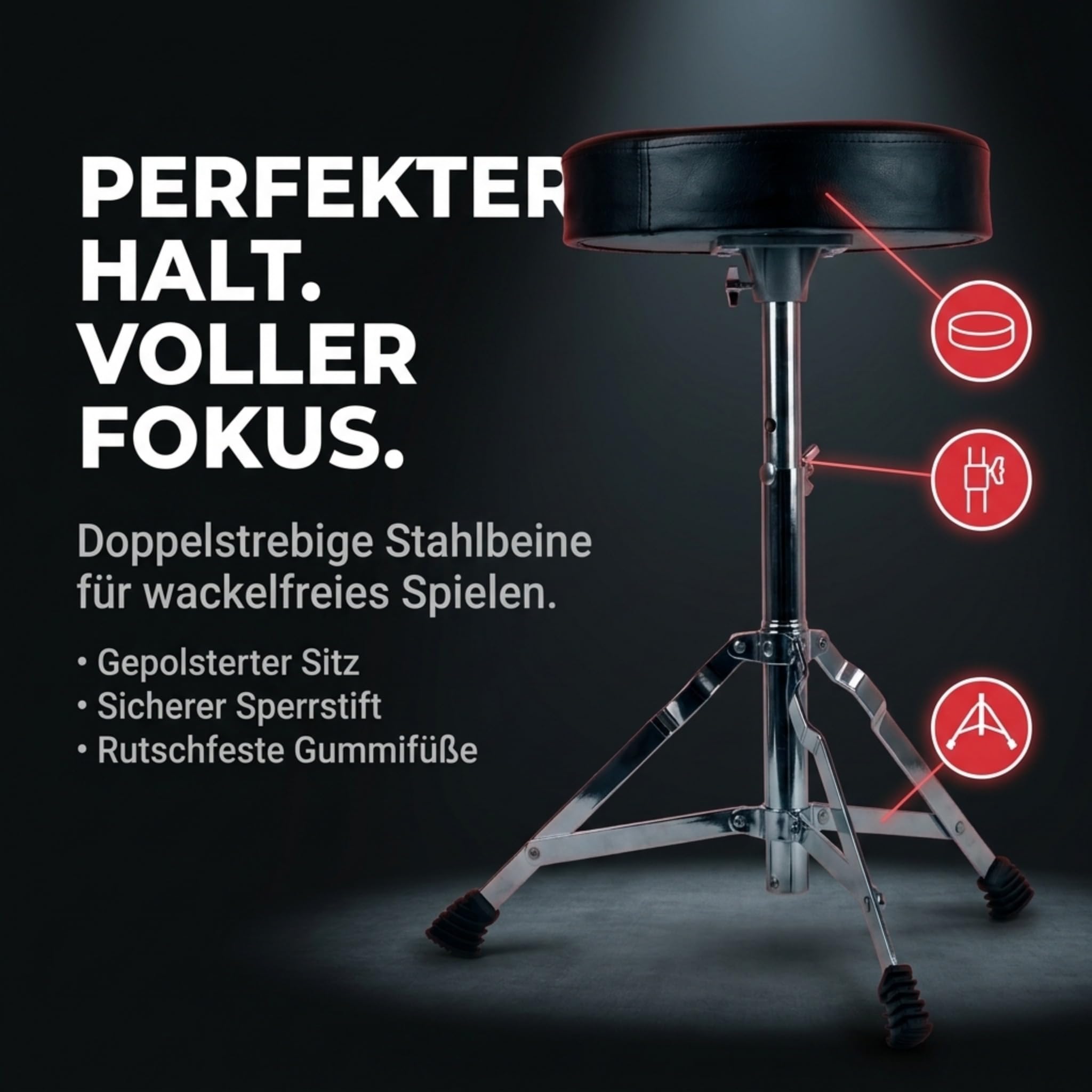 Technote RockJam Verstellbarer Schlagzeughocker, gepolsterter Drehsitz für akustische und elektronische Drumsets, 45-55 cm Höhe, klappbar, Schwarz