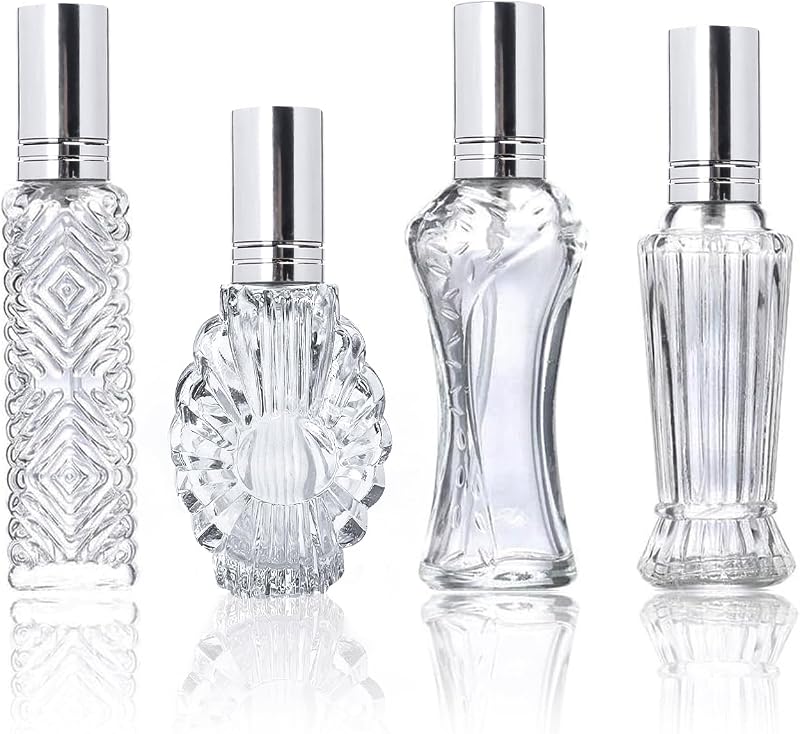 4 Pcs Vintage Glass Refillable Perfume Bottles Empty Spray Set | Vintage Glass Refillable Empty Perfume Bottles with Spray 4 Pack for Wedding Car Home Vanity Travel Decor Gift