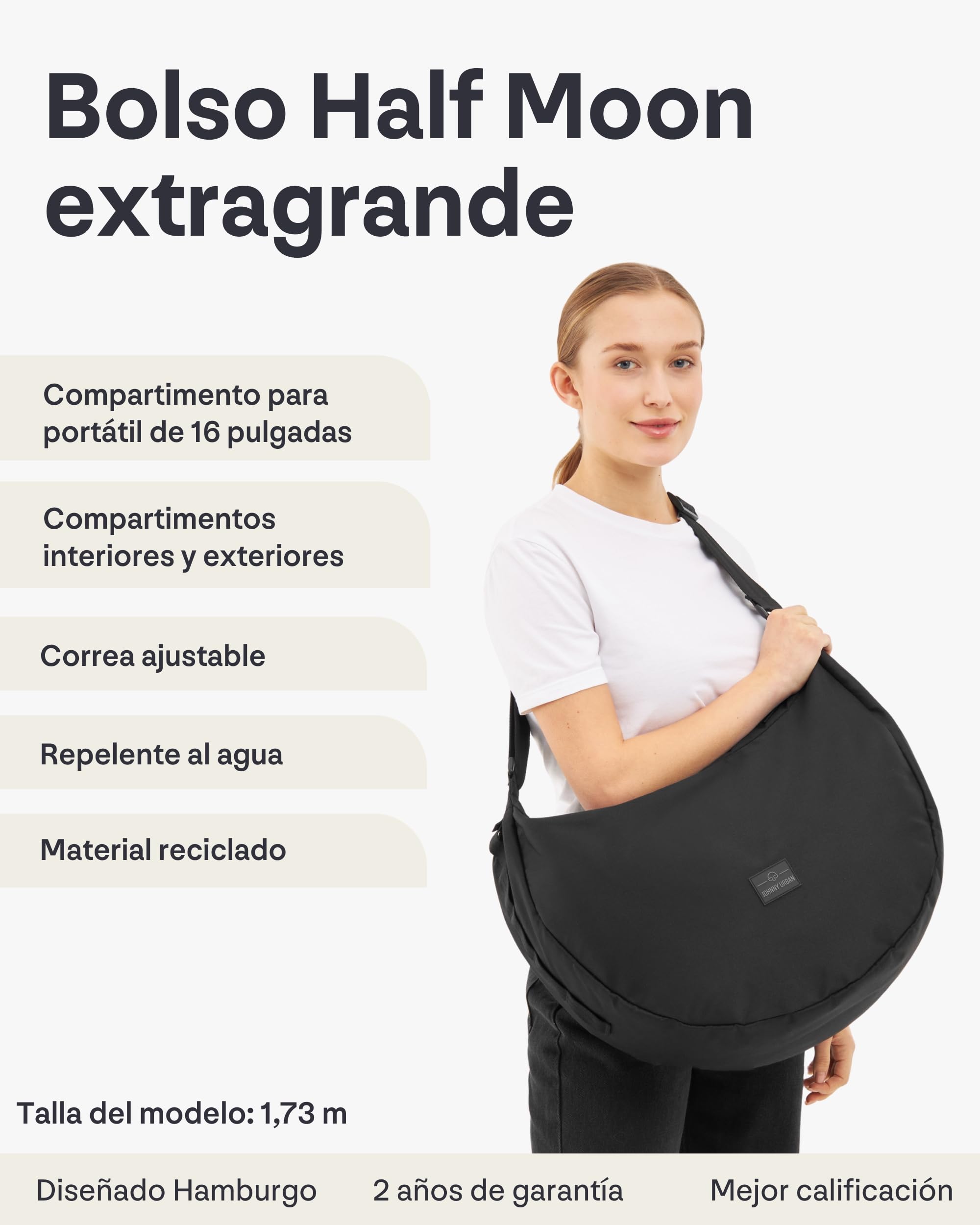 Johnny Urban Bolso Bandolera Mujer Hombres Negro - Ally XL - Half Moon Bag - Bolso Riñonera de Media Luna - Bolsa con Compartimento para Portátil de 16 Pulgadas - Repelente al Agua