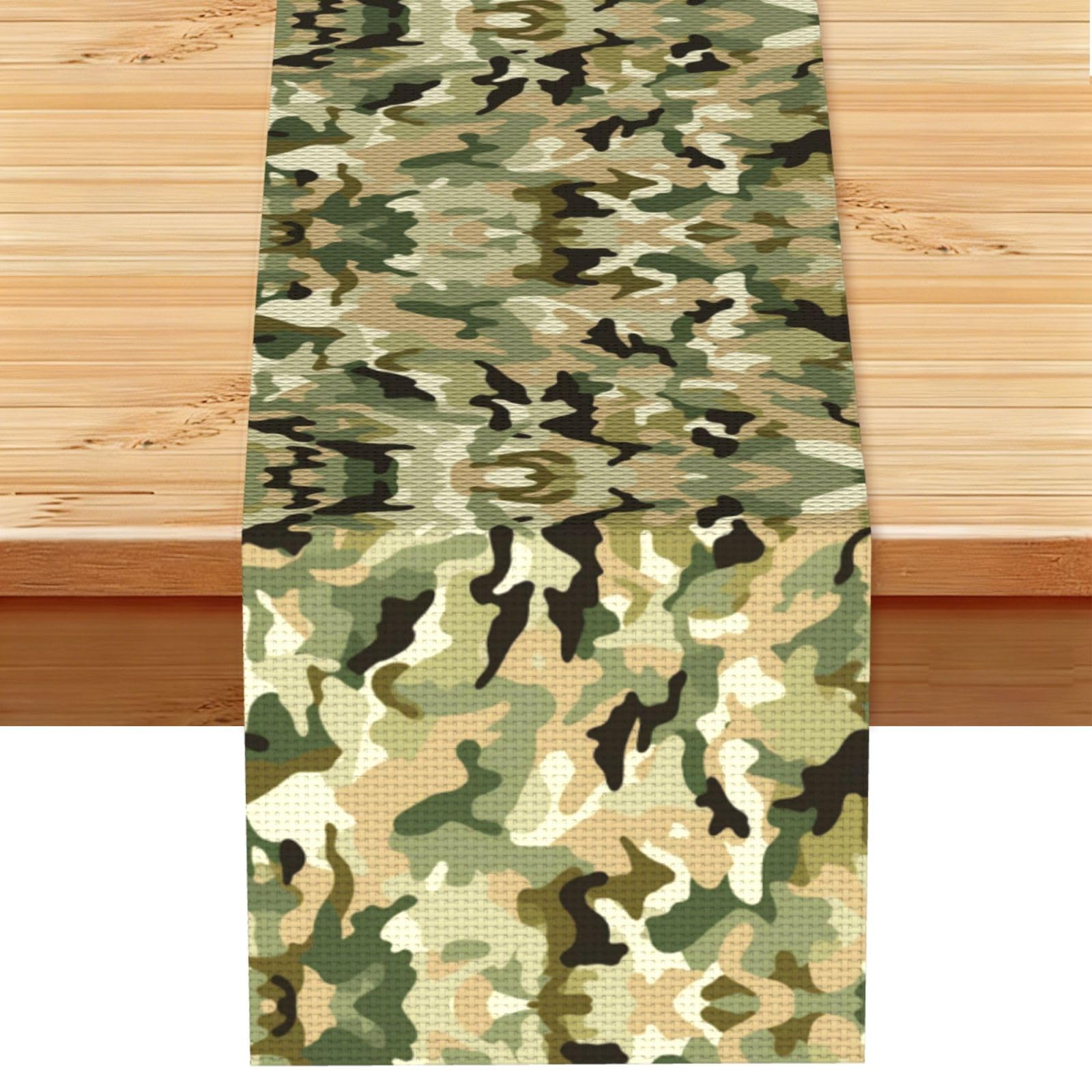 Airy Neutral Green Camo Printed Table Runner 13 x 72, Wrinkle Resistant Decor for Dining Table Coffee Table Fireplace