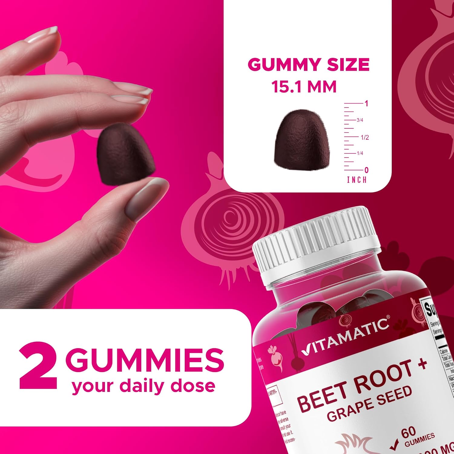 Vitamatic Beet Root Gummies - 3000mg Equivalent Per Serving - 60 Gummies - Made with Vitamin B6, B12, Grape Seed, Pomegranate & Nicotinamide (Pack of 2) - Image 3