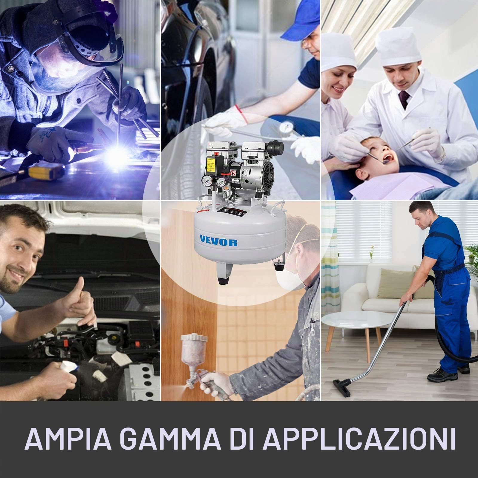 VEVOR Compressore d'Aria Senza Olio Ultra Silenzioso 6,6 Galloni 850 W 48 dB Portatile