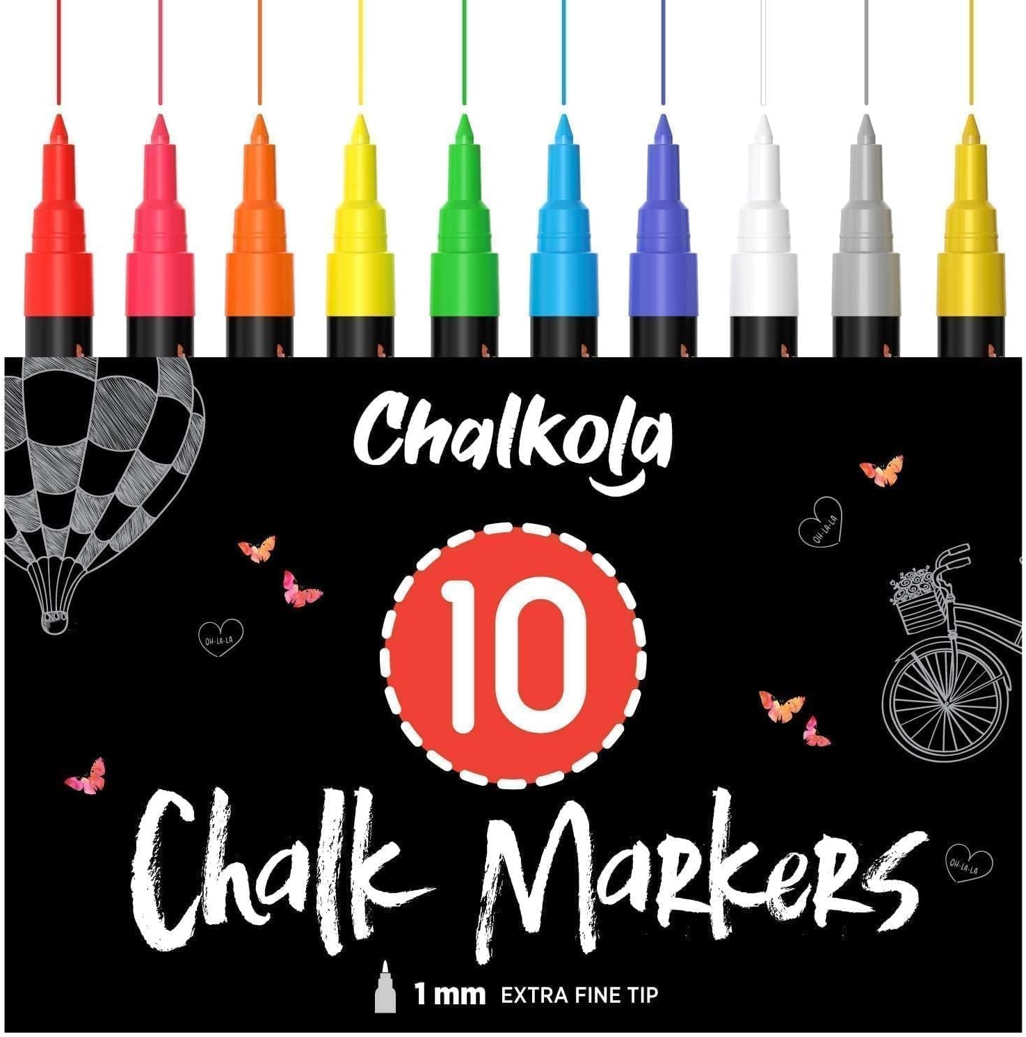 Extra Fine Tip Liquid Chalk Markers (1mm, 10 Pack) with Gold & Silver - Erasable Dry Erase Marker Pens for Blackboard, Windows, Chalkboard Markers, Bistro, Restaurants - Thin Point Chalk Pens Set