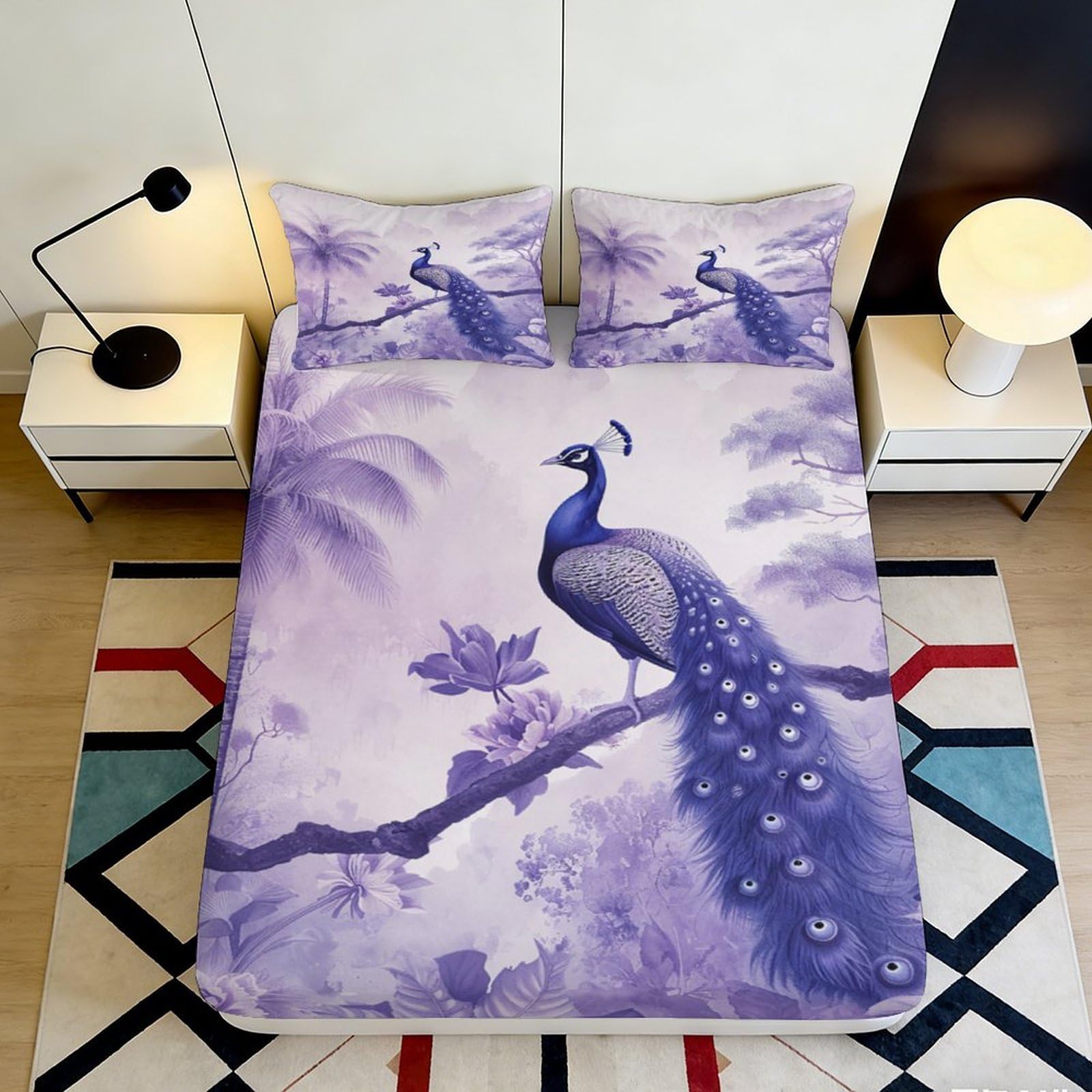 3D Printed Purple Peacock Fitted Sheet Microfiber Soft Bed Cover Anti-Slip Washable Artistic Bird Pattern for Bedroom Decor 90x200x25cm