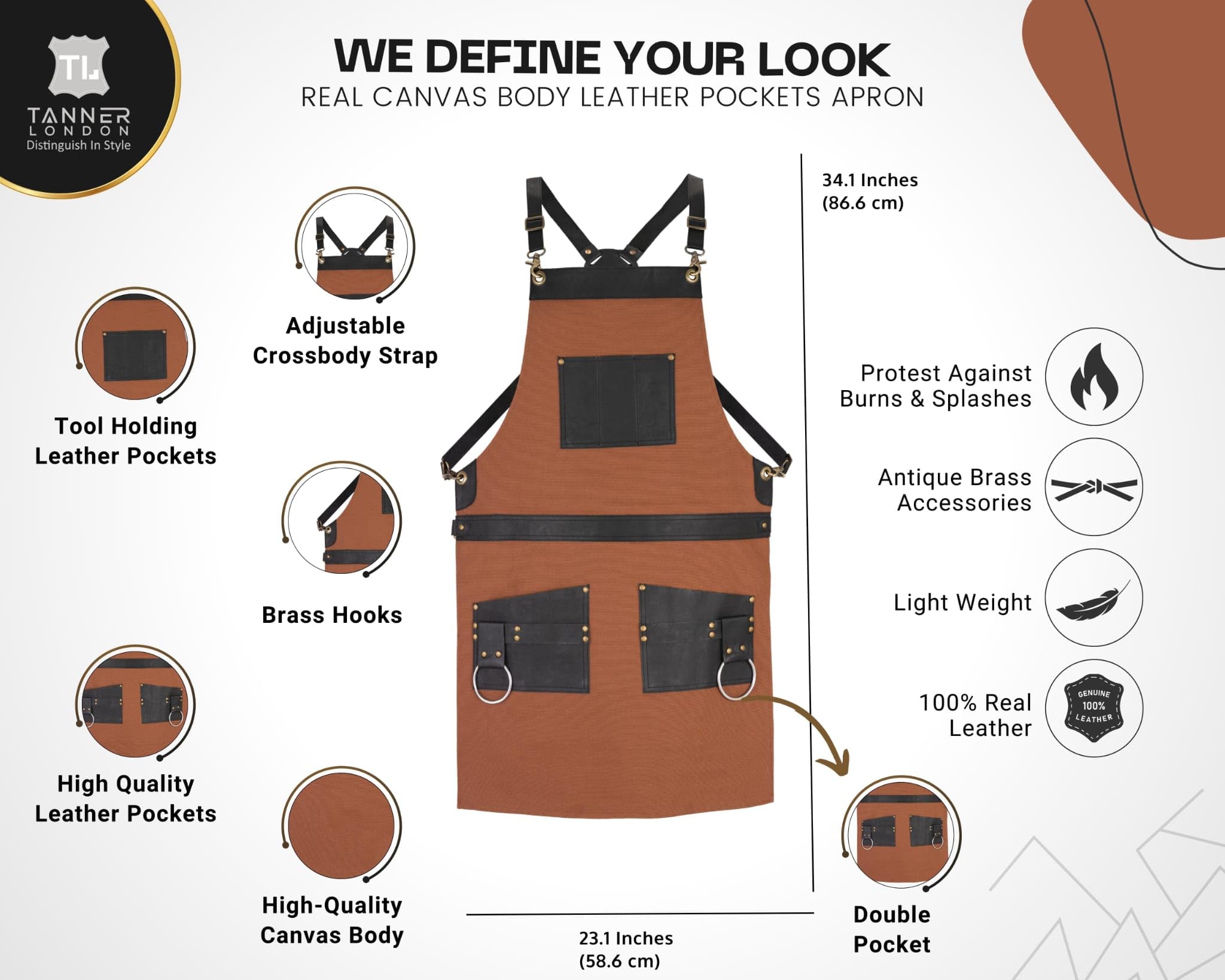 Tanner london Green Canvas Apron with Leather Pockets, 2 Large Pockets, 3 Small Holders (Tan) - Image 2