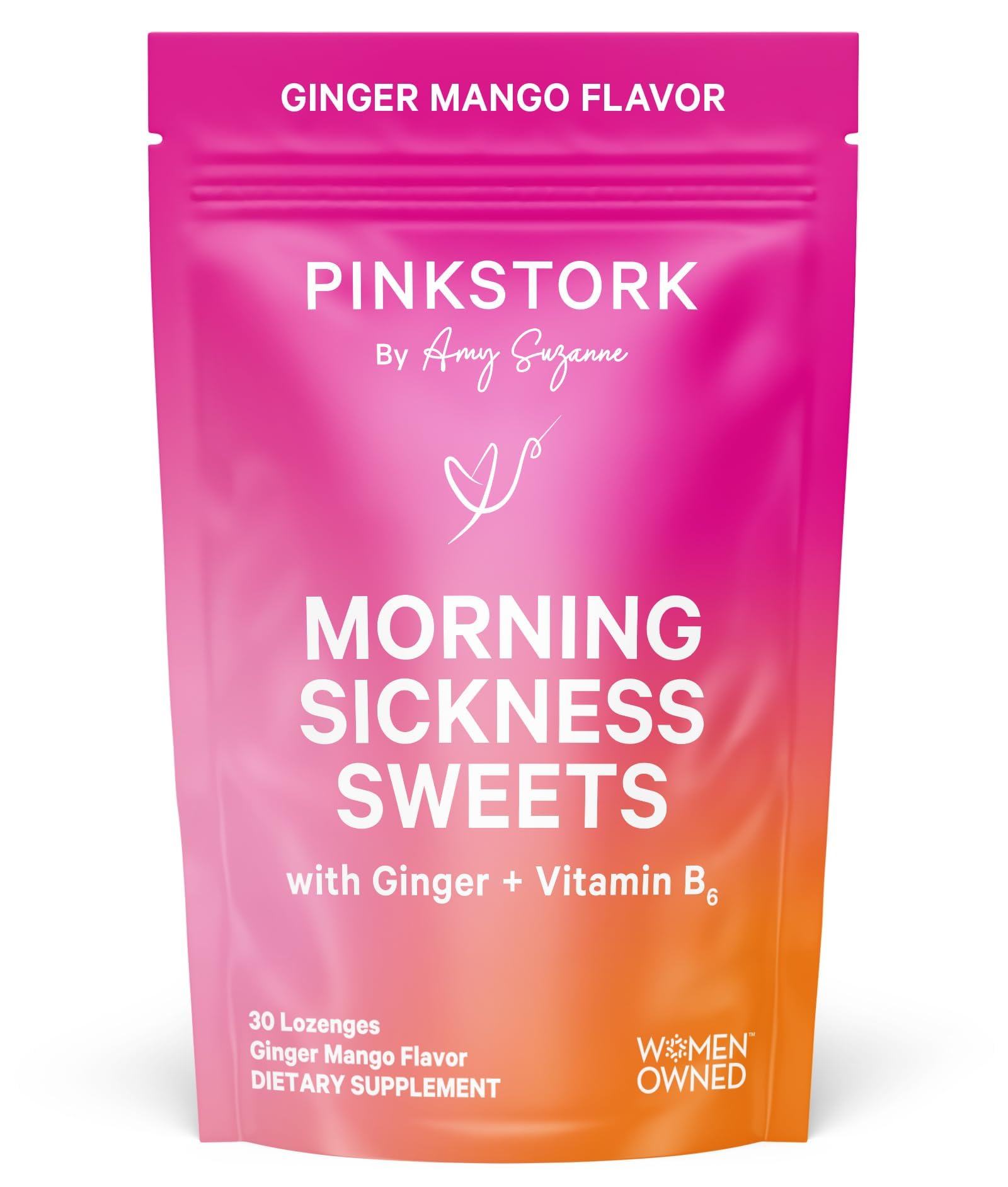 Pink Stork Morning Sickness Sweets, Organic Mango Ginger Candy with Vitamin B6 for Morning Sickness, Motion Sickness, Prenatal Heartburn - Pregnancy Must Haves - 30 Wrapped Drops